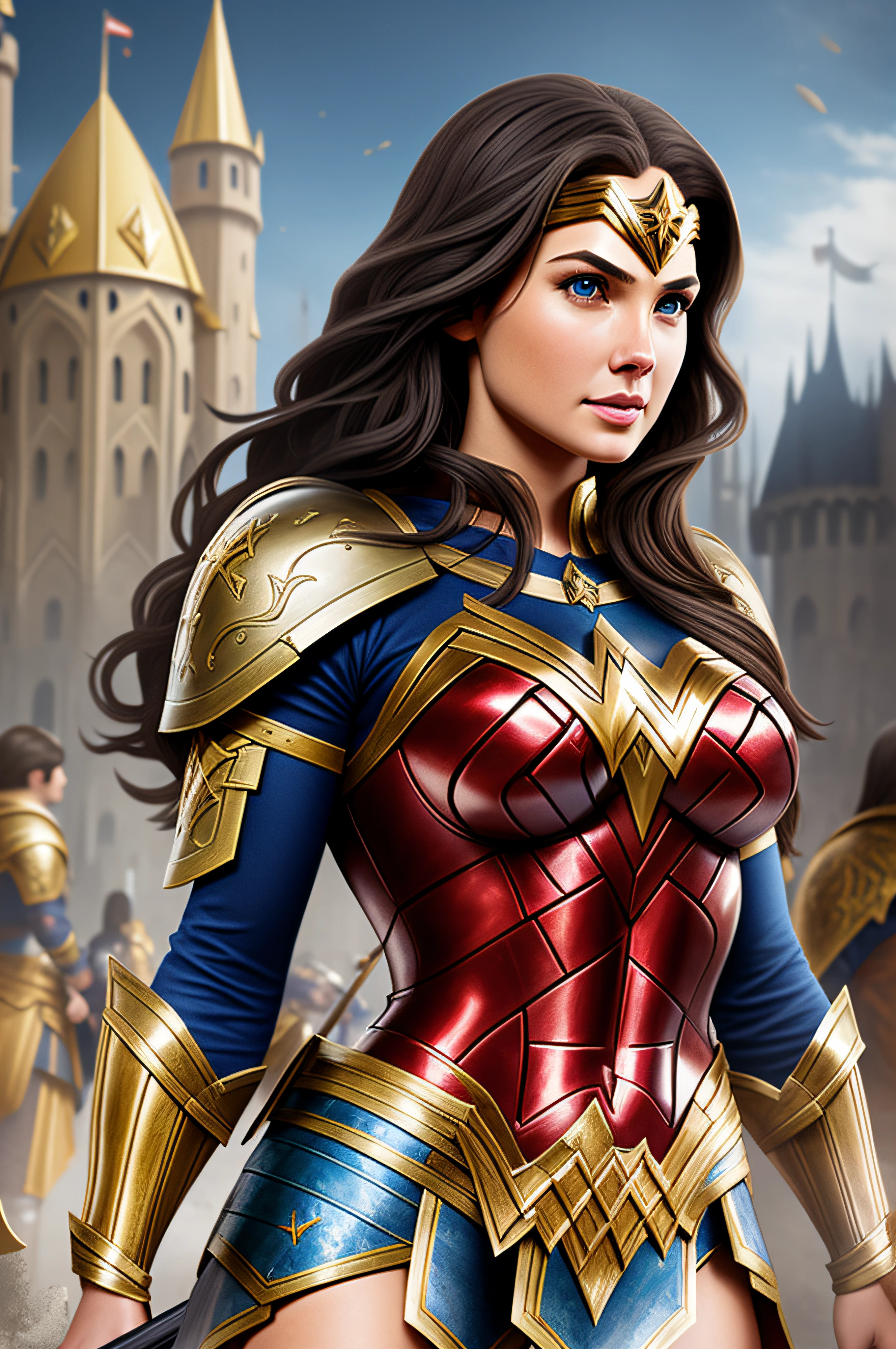 Hundreds of Wonder Woman medieval female army in paladin armor low full body view far away wide lens, hyper-detailed army, hyper-detailed body, hyper-detailed face, golden castle background, realistic, 3rd person POV, third person point of view,