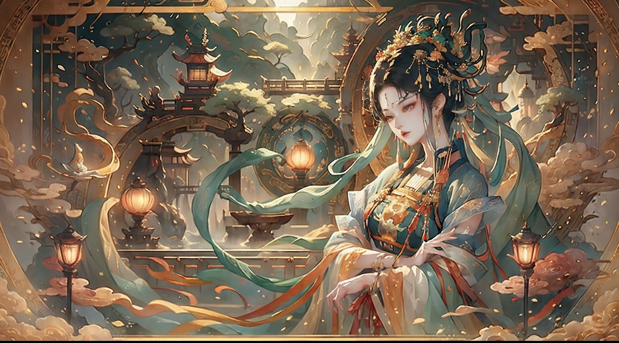 Illustration scenes,Best quality, Masterpiece:1.2), (offcial art, Extreme detail), cinematic compositions,full bodyesbian,((A goddess, Chinese costume, Hanfu, Headwear, Hair accessories, Earrings, jewelry)),Fairyland on earth, Soft light, Tradition Chinese Ink Painting,delicated face,Normal hands,normal and,Rich color combination,(scenography),Magnificent Chinese-style architecture,Temple,Depth-of-fie,symmetrical design,Huge building,cyber punk perssonage((Antique tower,The stonework,Ancient bridge,lake water,the trees,Chinese lamps,neonlight)),rich details,Ancient Chinese Tang Dynasty style,Antique sci-fi atmosphere,Extreme light and shadow,Delicate and soft painting style,film level light effect,high-definition picture quality,the soft light,Dingdall effect,Ghost ape painting style,rich details,Refer to Gu Kaizhi,32K,High picture quality,A high resolution,(Very detailed CG unity 8K wallpaper)