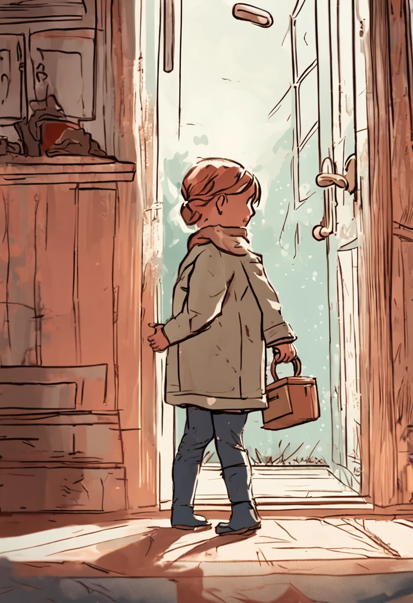 Next to the shoe cabinet in front of the house stood a small child holding his sister's high-heeled boots，The sister opened the door and looked at the child with a smile，