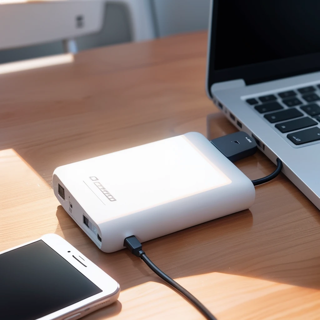 There is a power bank on the table,There should be no pattern logo on the surface of the power supply,Give it a close-up,There is a slight table decoration around
