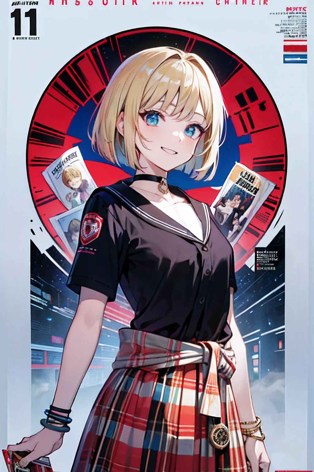 (masuter piece,Best Quality,Ultra-detailed), (A detailed face), Movie Posters, hight resolution, 1girl in, (front-facing view), (cyberpunked), (Lucy), a blond, (Blonde with bangs,), (bob cuts), Two-tone hair, Gold Eye, 校服, Black choker, A bracelet, a choker, Red checked skirt, Clothing around the waist, full bodyesbian, flat-chest, (Beautiful Detail Eye: 1.1), (Detailed hand), (Detail light: 1.1), Film Light, light skinned, Grinning, gals, (looking at the viewers), (magazine:1.3), (cover-style:1.3), Fashionable, Textured skin, Super Detail, Tarot Boundary, border, Alfonse Mucha, self-assured, stylish, font, Catchy, headline, lo fashion