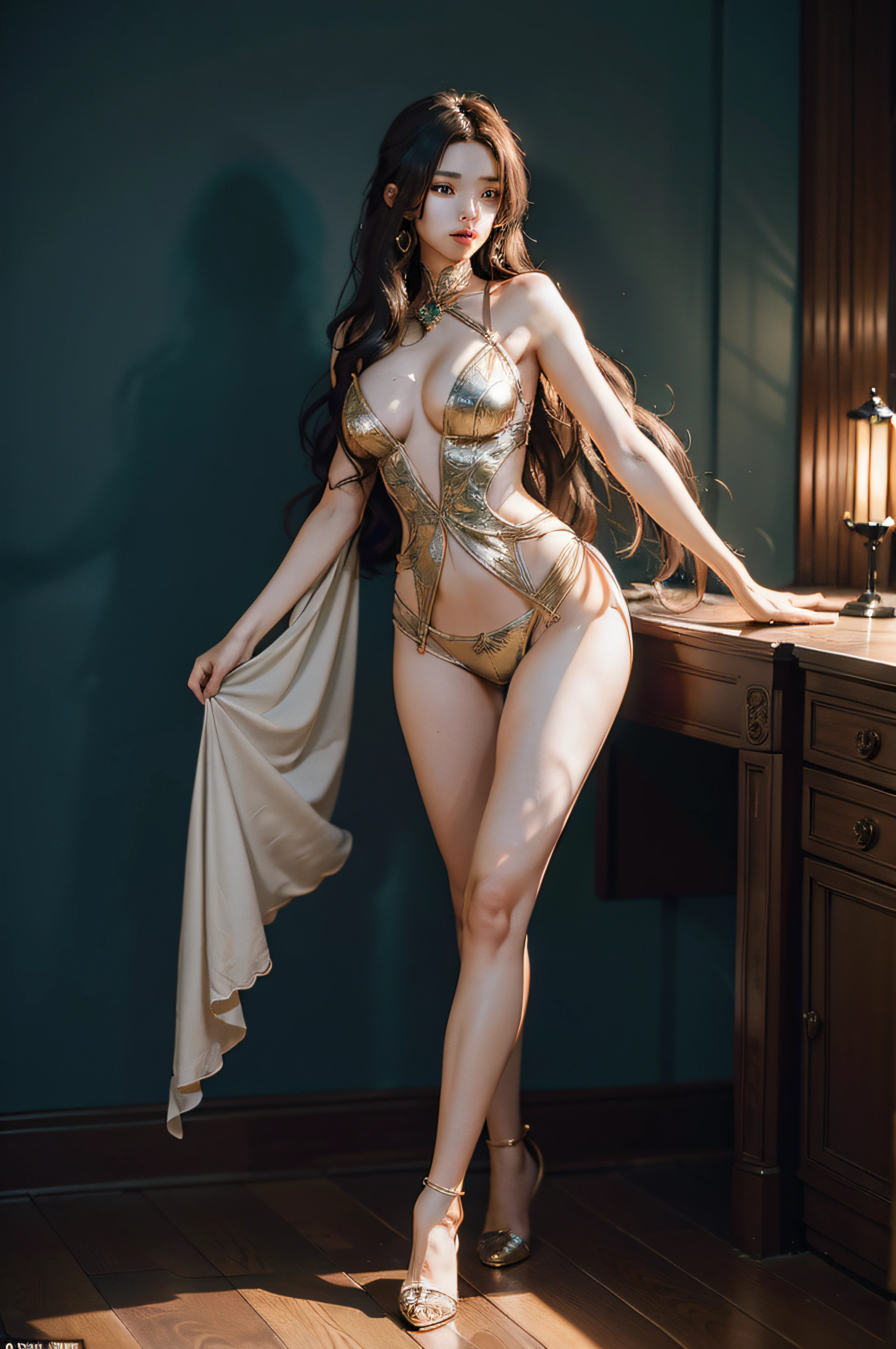 full body shot shot,full bodyesbian,A gorgeous goddess with few clothes,insanely details,Exquisite facial features,Super beautiful breasts:8.0,Slender legs,(Large buttocks and round breasts)S-shaped body,long hair flowing,intricately details, The is very detailed,Works of masters,8K分辨率,high detal,Contour light,Cinematic lighting,metallic luster,Ambient lighting,Dreamy, detailed and complex environment