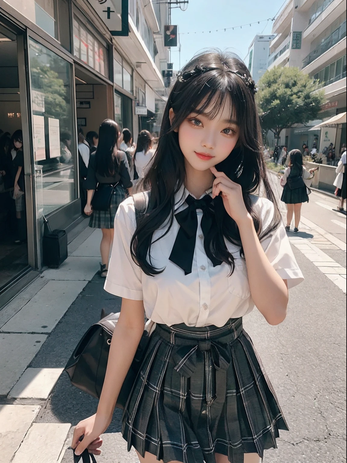 Top quality, RAW photos, Super high resolution, （Statue of a Japanese schoolgirl）, Smile, It looks genteel and optimistic，Royal sister style，20 years old Korean, （Show your upper body）in mall，Walking on the road（very large round breasts）, Shiny black hair, Long black hair ， Match bangs, school uniform, White shirt with ribbon, Green plaid skirt, cabelos preto e longos, Beautiful eyes, Very thin mouth,, beautiful eyes in detail, Cut Eyes, Dark cheek makeup, Long eyelashes, beautiful double eyelid，Such as eyeshadow for various poses, Beautiful slender legs, The crowd is sparse