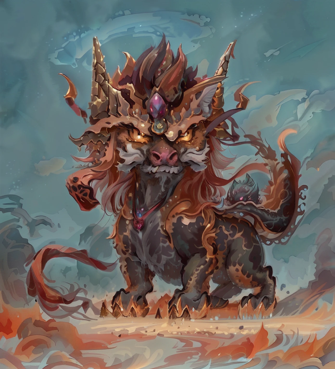masterpiece, best quality, illustration, original, extremely detailed wallpaper, sketch, wash painting, color splashing, ink splashing, dyeing, Chinese painting, colorful, fantasy creatures, The Wolf King, diabolical, tyrannical