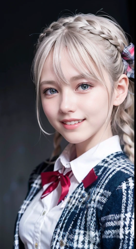 (ultra-detailliert), Tartan check jacket,high-school uniform、Blue eyes,The upper part of the body、a closeup、faces、(A smile:1.5),(facing front:1.2), 20yr old, teens girl,no tail,(no tail),2D, ​masterpiece, top-quality, animesque, A detailed eye, A detailed face, girl with, Only 1 person,Silver medium hair, (Silvery head hair),  Ear Hair, small tits, Single braid, (Single braid), (Side braid), Pink ribbon, Ribbon around the neck, Background bokeh