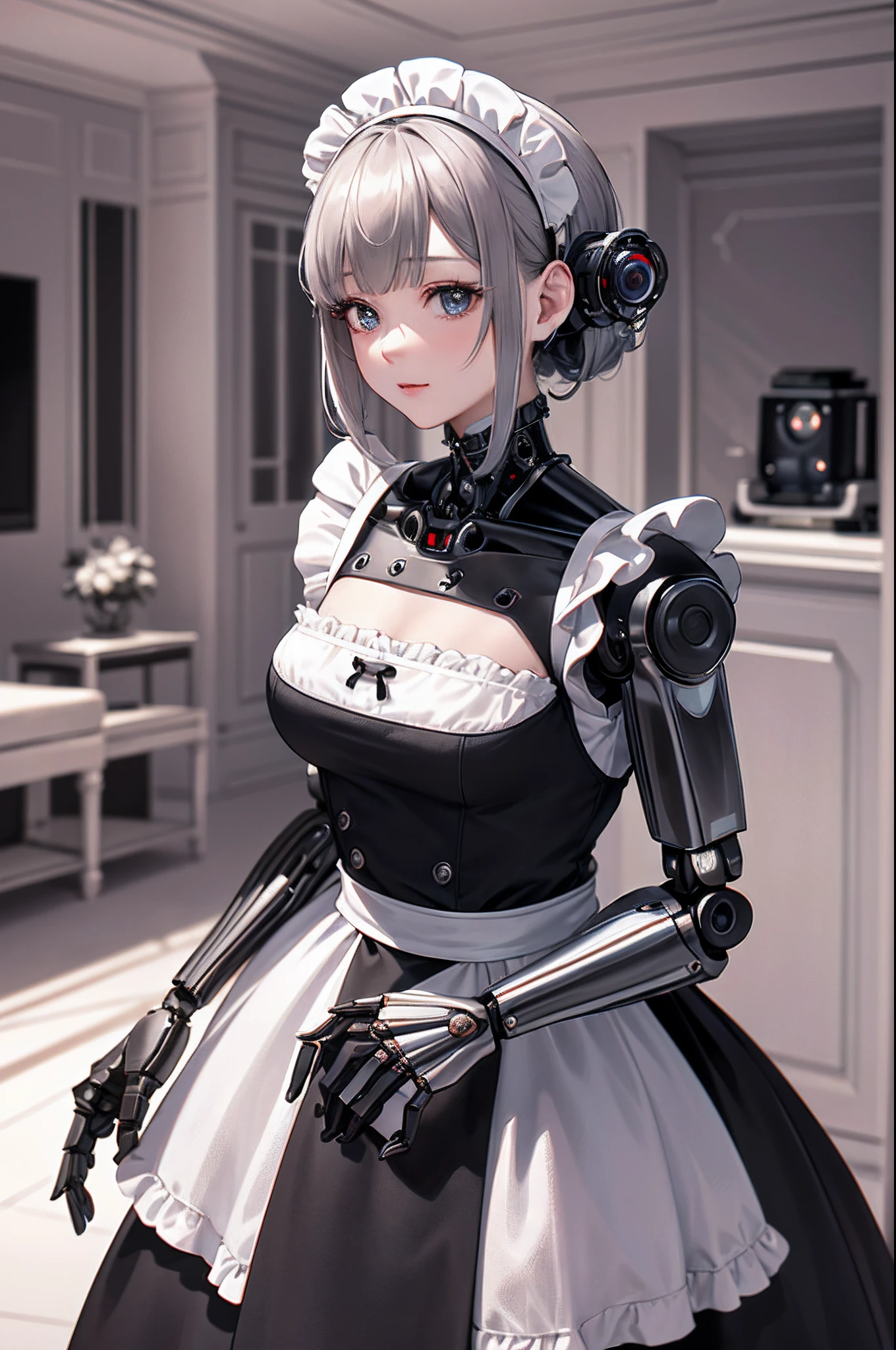(top-quality、in 8K、32K、masterpiece、nffsw、ighly detailed、Impresionismo:1.2)、Full body, (Living room of the mansion:1.4)、deep-shadows、beauitful face、blurry backround、20-year-old beauty、Machine body、(Robot Maid:1.5),A maid with a twinkle in the eye、Because it's made of metal、pinafore、Machine Made、、Metal headband、Curve