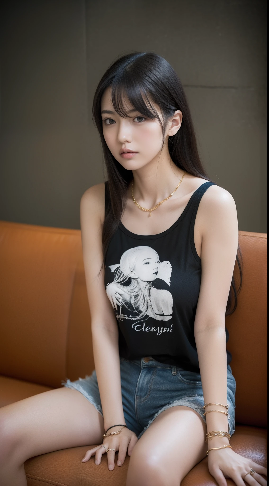 1girll,With Ashiya logo、Fashionable T-shirt,small tits、鎖骨,Sit on a comfortable sofa,cross leg,Soft light、a necklace、A bracelet、耳Nipple Ring、Model body type