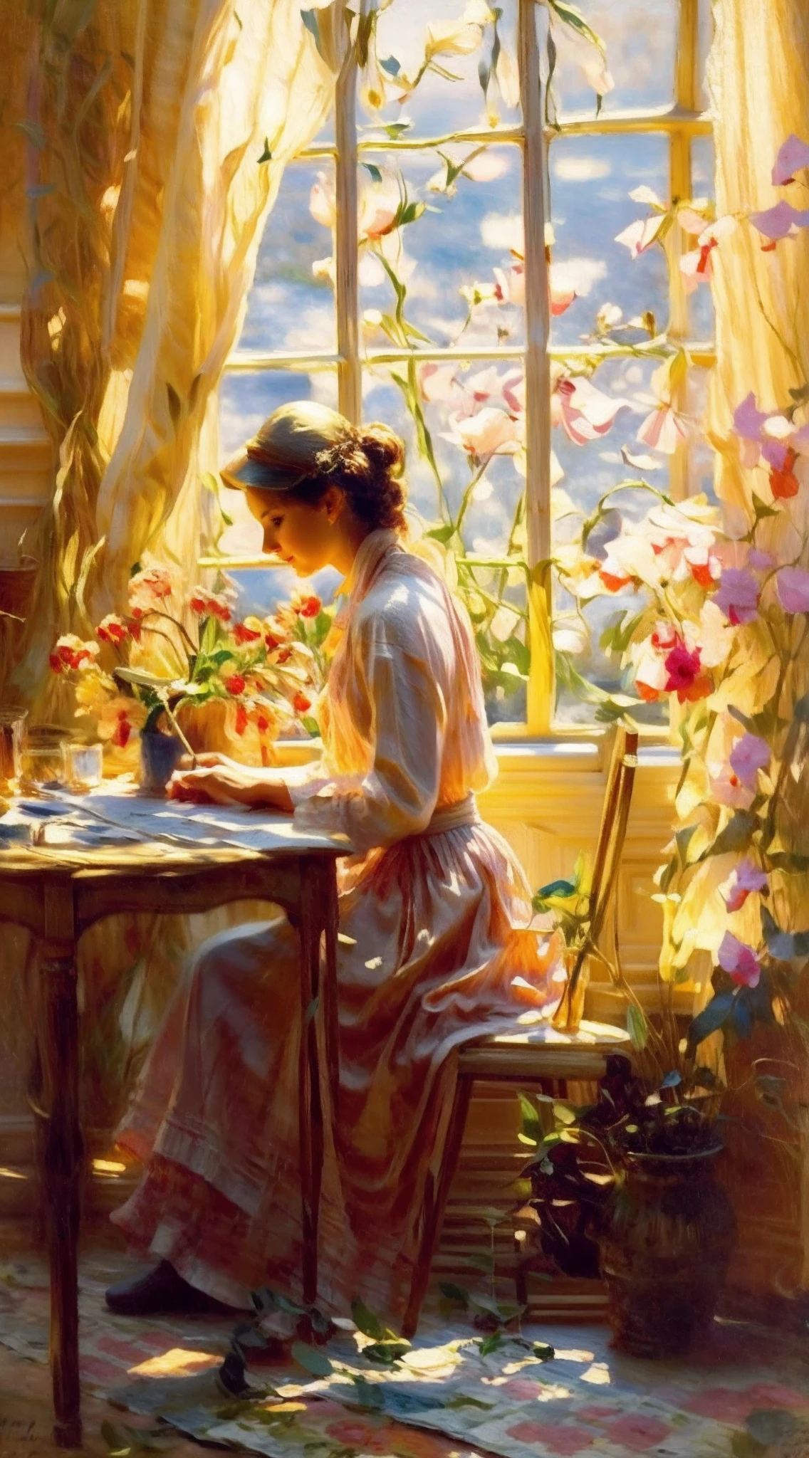 painting of a woman sitting at a table writing a letter, danile gerhartz, daniel gerhartz, inspired by Daniel F. Gerhartz, by Daniel F. Gerhartz, steve henderson, elegant study, albert lynch, by Daniel Ljunggren, by Philip de László, in style of steve henderson, by Emile Lahner