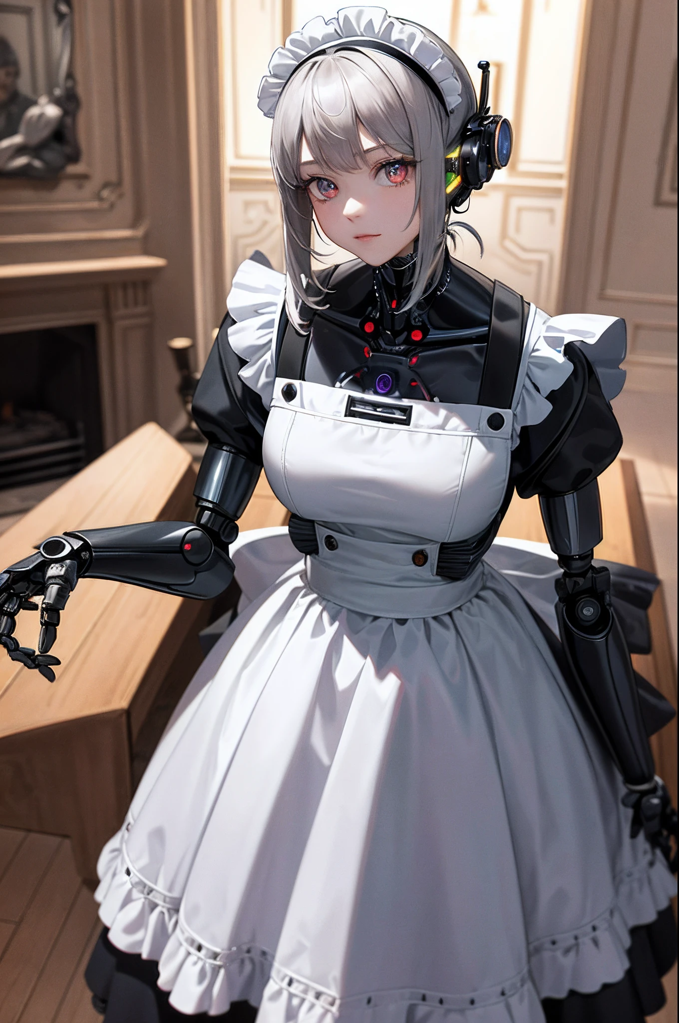 (top-quality、in 8K、32K、masterpiece、nffsw、ighly detailed、Impresionismo:1.2)、Full body, (Living room of a grand mansion:1.4)、deep-shadows、beauitful face、blurry backround、20-year-old beauty、Machine body、(Robot Maid:1.5),Maid with glowing eyes、Because it's made of metal、pinafore、Machine Made、、Metal headband、Curve