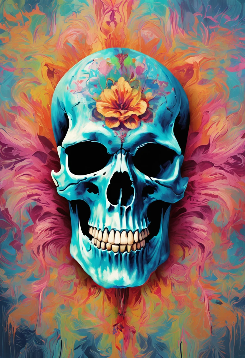 Close-up of a skull with a flower on its head, Fantasy Skull, Frightening detail art in color, Gruselige Farbkunst in 4 K, Holy Skull, Conjuring up a psychedelic background, Detailliertes digitales Artwork, skulls, Sacred skulls, Psychedelische Illustration, Zuckerschädel, Face of the skull, Todesschädel, Gruselige Kunst in Farbe, Skull liminal blank background, Psychedelischer Kunststil