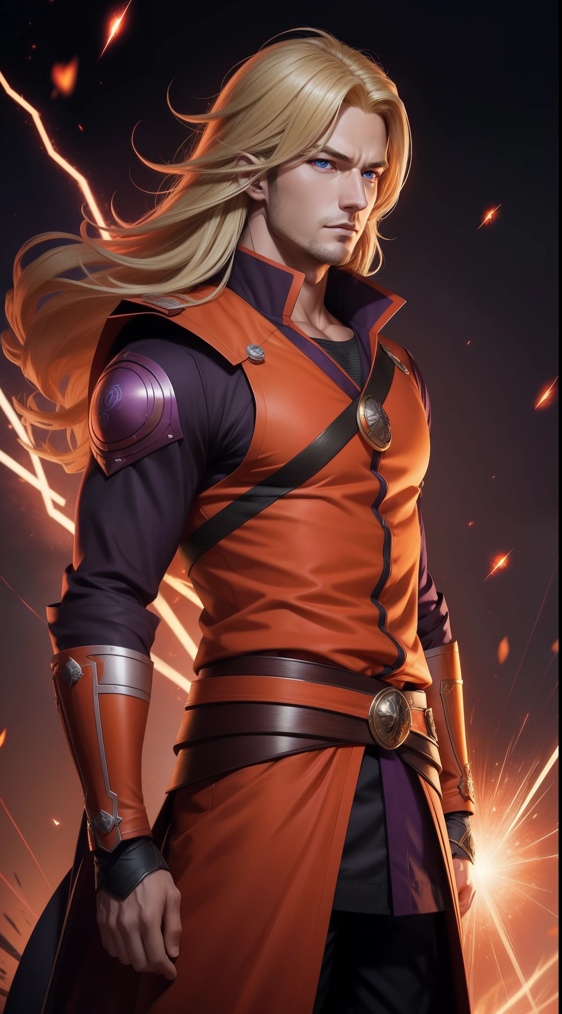 Profile picture, masterpiece, extremely accurate rendering, Madara coldly handsome, blonde, looking at the viewer, solo, trustworthy, savior of the world, simple design, best image , 8K, light red eyes, original orange clothing style according to the characters in the story, reflecting purple-red sparks on the chest.
