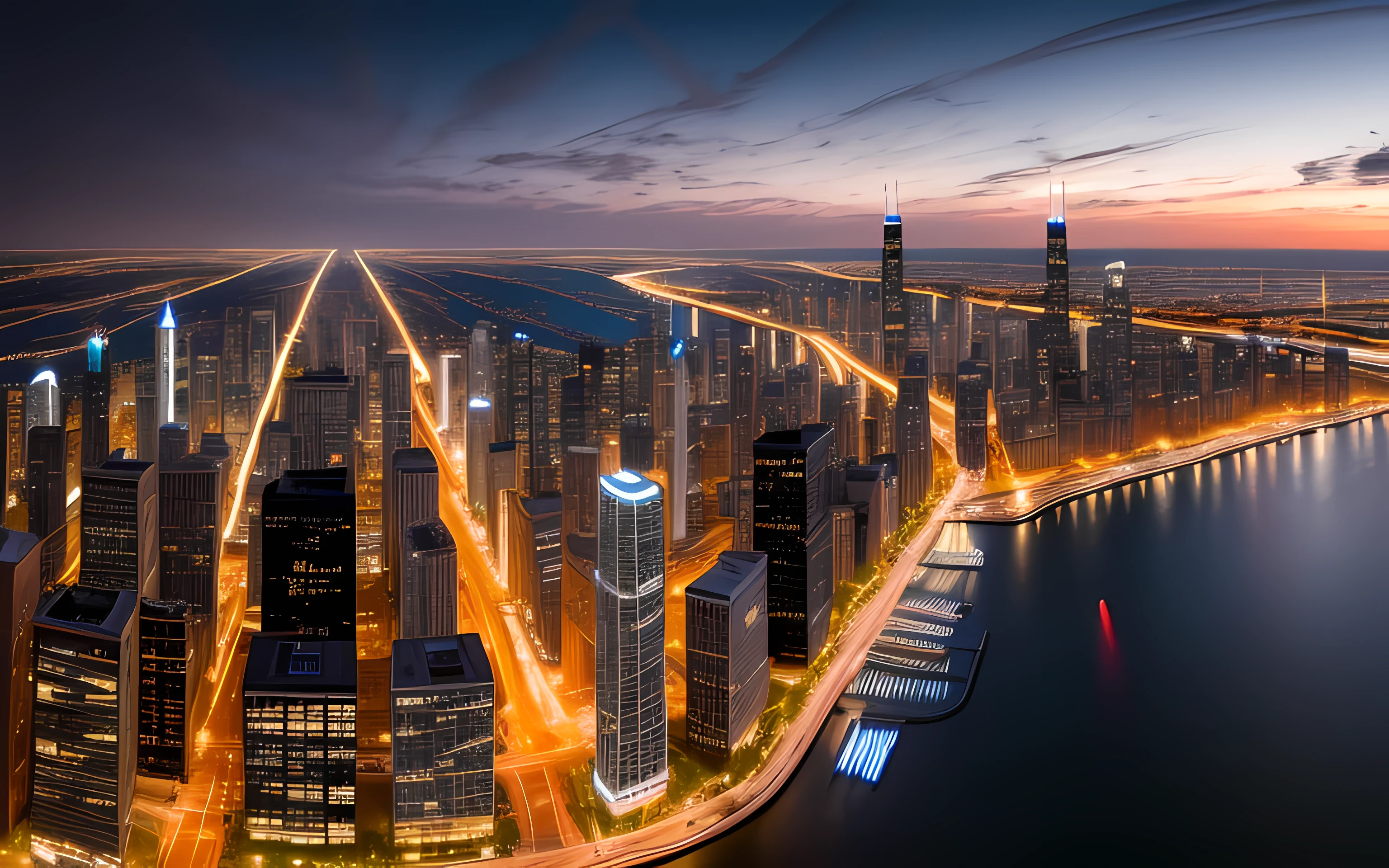 A view of the city skyline,A river runs through it, Chicago skyline, Beautiful city, chicago, vibrant city lights, Beautiful cityscape, stunning images, Beautifully lit building, Beautiful city of the future, big breasts enchanting, stunning visuals, Beautiful image, City at night, beautiful high resolution, City Night, city of pristine colors, Cityscape, insanely details, City, wide image