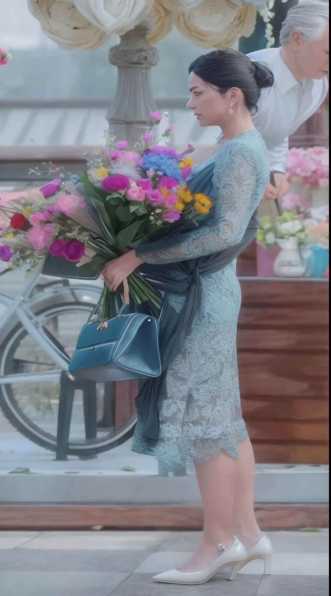 There was a woman who handed a bouquet of flowers to a man in a dress。, screenshots from movies, shot from cinematic, cinematic Film still from, cinematic Film still from, still from a terence malik film, movie screen shot, YouTube video screenshots, carrying flowers, still frame from a movie, from a movie scene, Scene from Movie, Still from the movie，Chinese woman，photorealestic，Just like real photos
