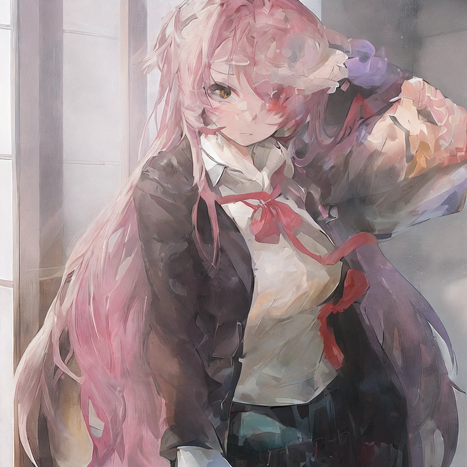 She is a -yeld Ja woman. She is very skinny. Her shoulders are very narrow. She is naked. Her breasts are small. Her height is 170 cm. She weighs 35 kg. She has exposed transparent pink. She draws female genitalia clearly.Her contours are thinner,、We don't use black, Sweet look in love. Her cheeks are stained red. japanese painting. Pale watercolor. Do not draw contours.Tattoos all over the back.Visible through the uterus and skin. The skin is transparent and organs are visible.