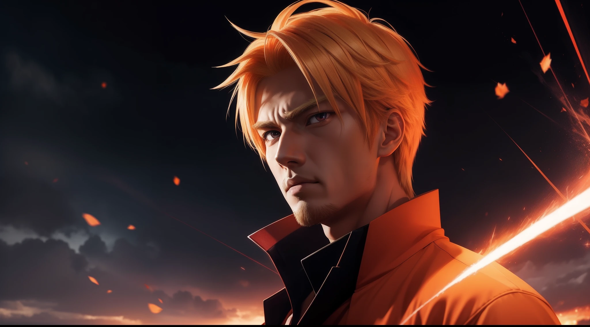 Profile picture, masterpiece, extremely accurate rendering, Kurosaki Ichigo coldly handsome, blonde, looking at the viewer, solo, trustworthy, savior of the world, simple design, best image , 8K, light red eyes, original orange clothing style according to the characters in the story, reflecting purple-red sparks on the chest.