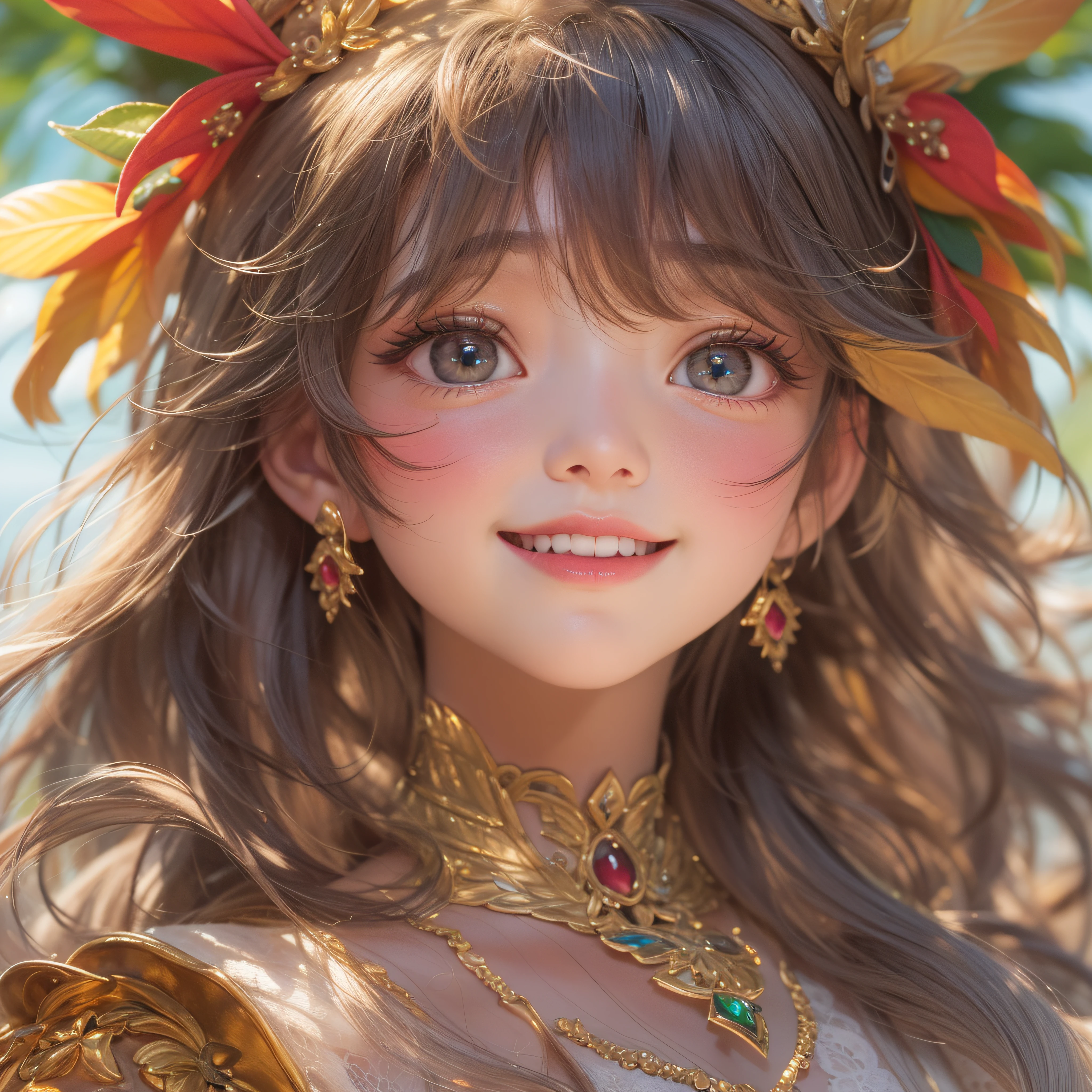 Close up of smiling looking up、Close up of smiling looking up、Close up of smiling looking up、Facing the front、(masterpiece、realisitic、hight resolution)、(1 girl in):1.2)、Do-Up Eye、Korean Girl、(Best Quality), (masutepiece), (1girl in), Solo, Beautiful Girl, Perfect face, Big Breast,dreamlikeart、Highly detailed airbrush art(((Surreal))、intricate detailes、Volumetric lighting、(masterpiece:1.2)、(top-quality)、The ultra-detailliert、(The composition of the movement:1.4)、Highly detailed colorful details、(Bright lighting、Atmospheric lighting)、Magical、dynamic compositions、Ray traching、The mirror reflects light、Shallow depth of field、ultra-detailliert、mixing exposure、nffsw、Super masterpiece、Her eyes are glowing、Brown hairs、Her face is a seductive smile、Nasty makeup、A smile comes to her lips、An air full of smiles and adventurous spirit、At the rear、The sun is slowly tilting to the west。Its light brings golden light、Encrusted jewels create a beautiful view、Her courage and determination condensed、Eye-catching presence。Her eyes are shining。Red、pink there、green grass、verdant、amarelo、