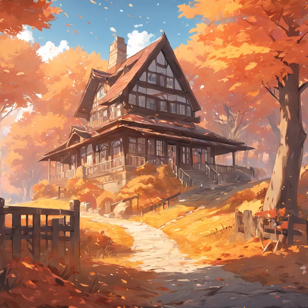 painting of a house in the fall with a pathway leading to it, stylized digital illustration, full color illustration, stylized as a 3d render, a photorealistic rendering, house in the wood, house illustration, detailed rendering, beautiful artist rendering, stylized, realistic scene, highly detailed illustration, house in forest, in style of ultra realistic, highly detailed scene