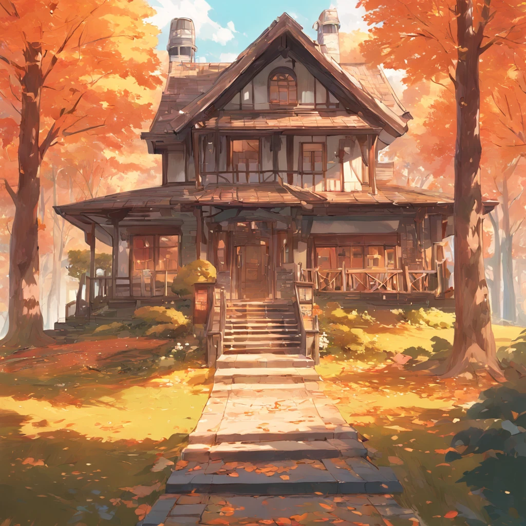 painting of a house in the fall with a pathway leading to it, stylized digital illustration, full color illustration, stylized as a 3d render, a photorealistic rendering, house in the wood, house illustration, detailed rendering, beautiful artist rendering, stylized, realistic scene, highly detailed illustration, house in forest, in style of ultra realistic, highly detailed scene