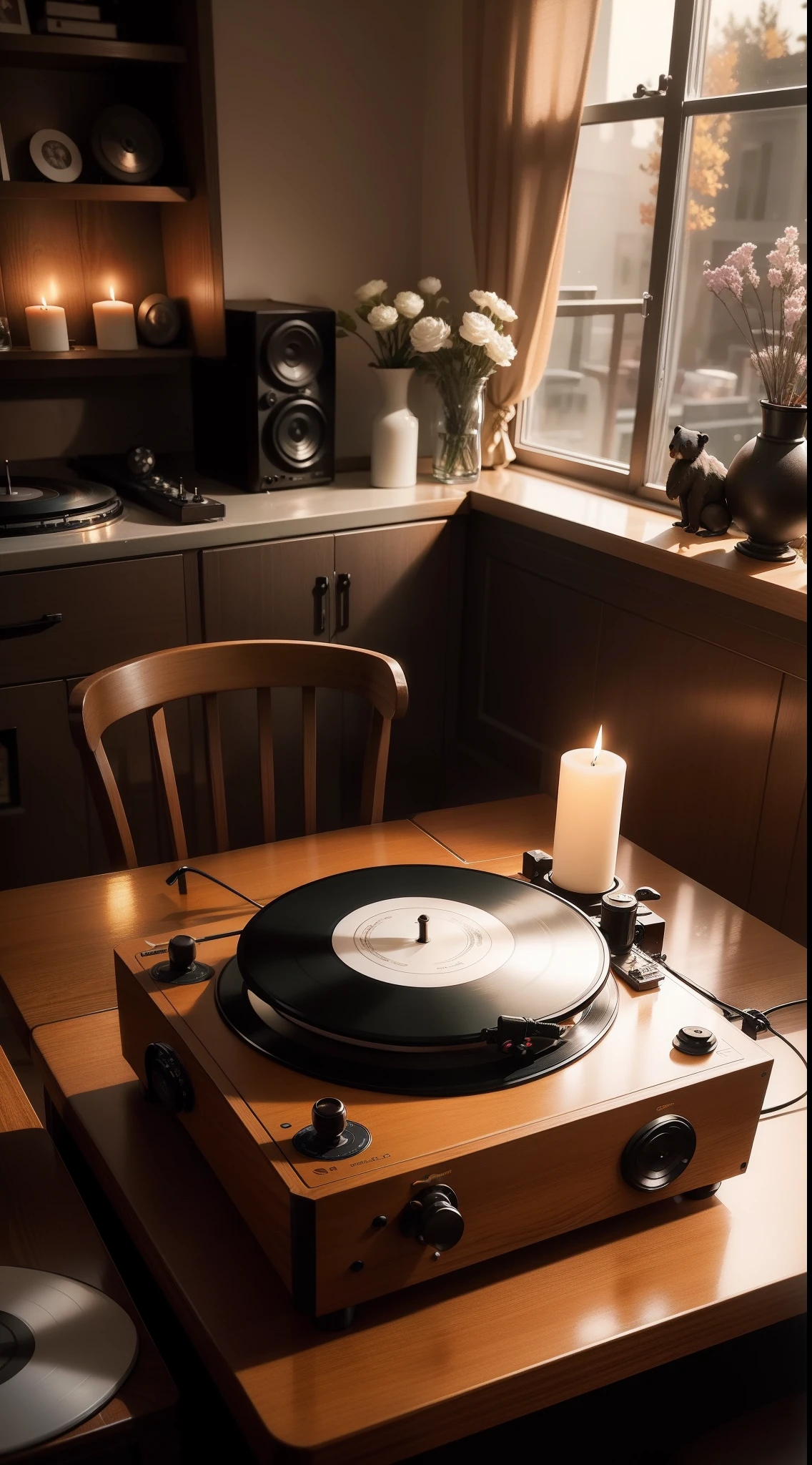 The music being played, the vinyl record player, at night, the feeling of atmosphere, the dim light, the scented candles being lit on the table, the vases with flowers on the table, the bear dolls, the floor-to-ceiling windows