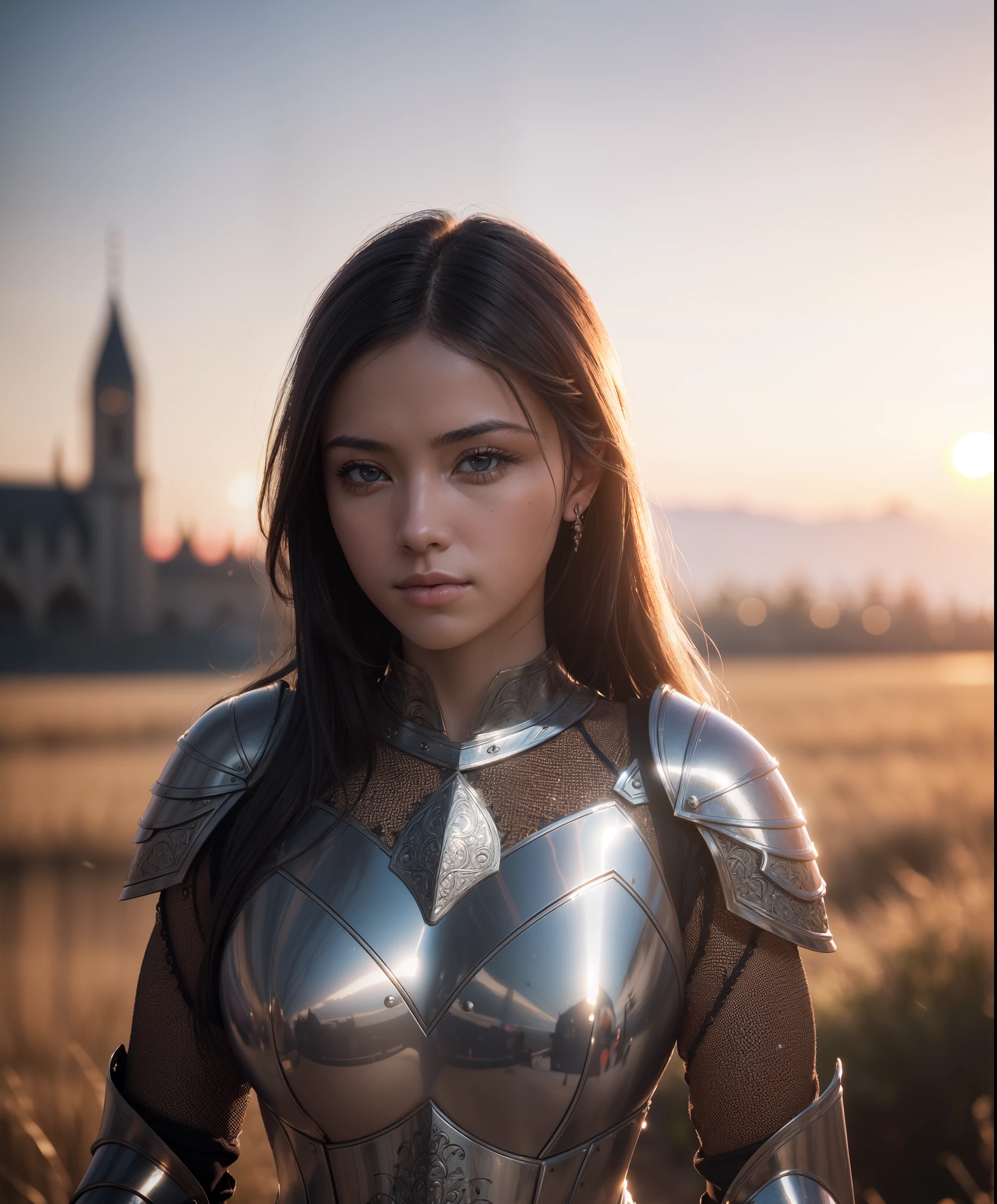 (masterpiece), (extremely intricate:1.3), (realistic), portrait of a girl, the most beautiful in the world, (medieval armor), metal reflections, upper body, outdoors, intense sunlight, far away castle, professional photograph of a stunning woman detailed, sharp focus, dramatic, award winning, cinematic lighting, octane render  unreal engine,  volumetrics dtx, (film grain, blurry background, blurry foreground, bokeh, depth of field, sunset, motion blur:1.3), chainmail