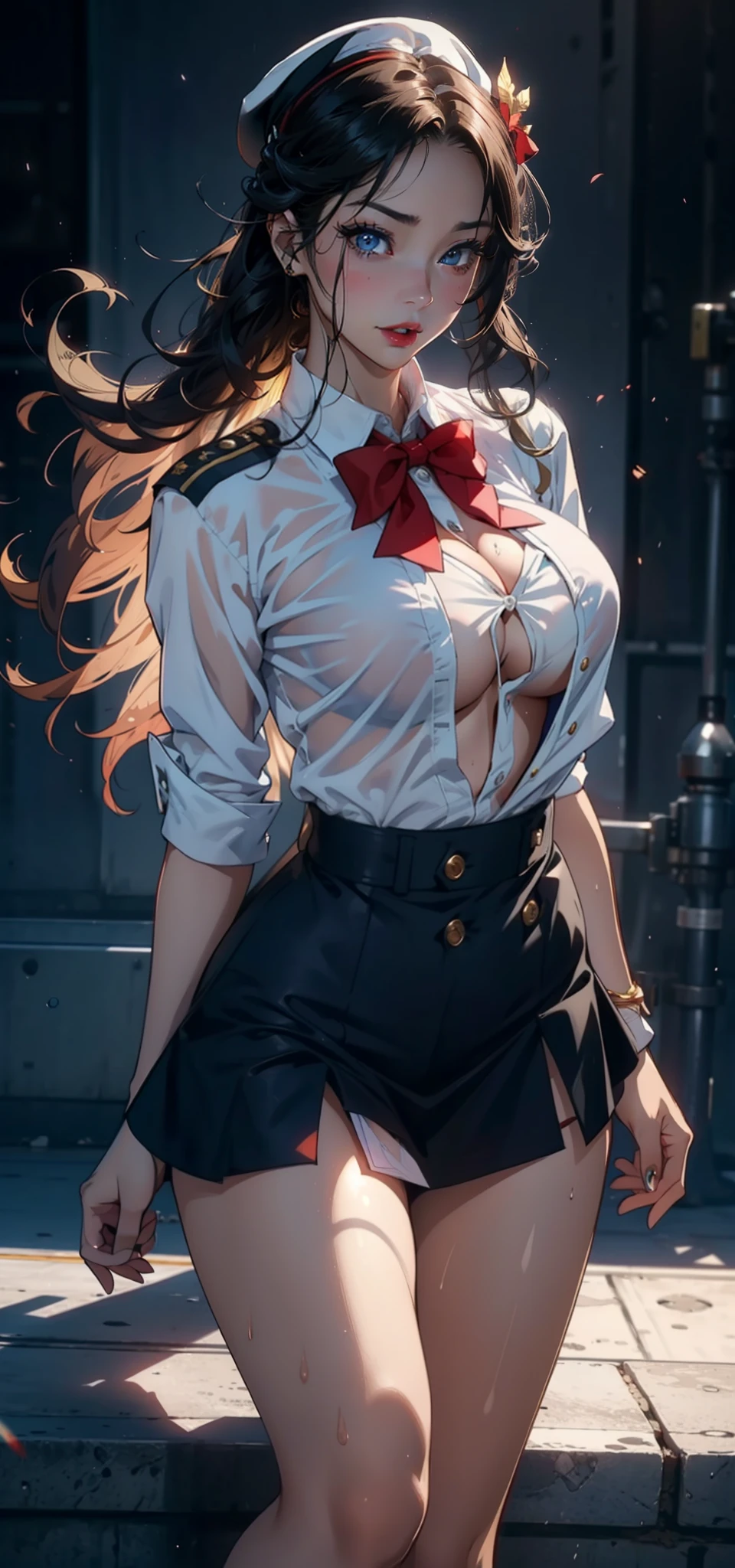 1womanl,33yo,熟妇,Bigchest,Raised sexy,Pornographic exposure, 独奏,Beauty contests,standing on your feet(Background with:aerodrome,snow mountains,Planes,at winter season,Blizzarding,Big snowflakes)in an airplane, She has long blonde hair,Long hair flutters in the wind,Redlip,Black girl,dynamicposes,Sweat profusely,drenched all over the body,seen from the front, hair straight, mostly cloudy sky,(((tmasterpiece),(Very detailed CG unity 8K wallpaper),best qualtiy,cinmatic lighting,detailed back ground,beatiful detailed eyes,Bright pupils,(Very fine and beautiful),(Beautiful and detailed eye description),Blue eyes,Redlip,ultra - detailed,tmasterpiece,)),facing at camera,(The upper part of the body),A high resolution,ultra - detailed),revealing breasts,Bare genitalia, Bulge,legs are open,sexyposture,Camel toes,Flushed complexion,Open-mouthed,frontage,stewardess,Sailor's cap(Wearing:Red transparent flight attendant shirt,Large colored bow tie,Sexy black miniskirt,Gold wire embroidery,Bare breasts)