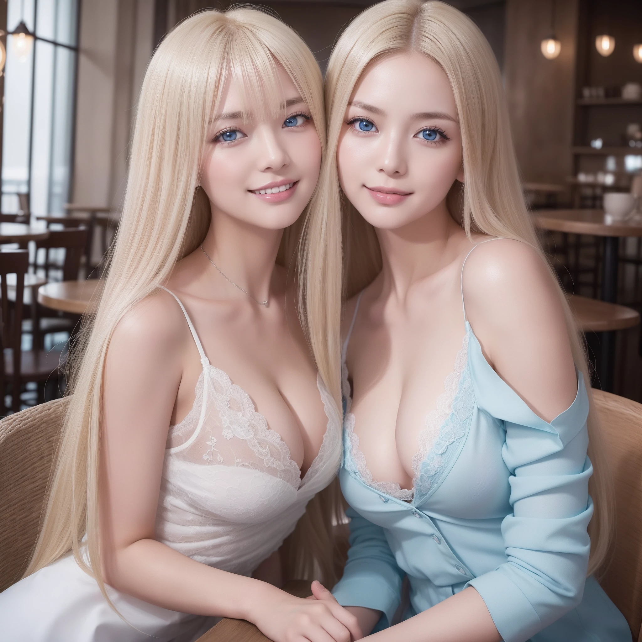 (8K, 超A high resolution, Best Quality, masutepiece:1.2)、(Dishonest laughter)、(looking at away)、At 8K、RAW portrait of oriental girl、Photorealsitic、超A high resolution、top-quality、 (huge-breasted, cleavage:1.2),(frombelow:1.2)、sit a chair、arms in arms、(Panchira:1.2)、(upscale cafe:1.4) Romper (natural skin textures、Detailed skin、Super Long Platinum Blonde Long Hair、Glowing big light blue eyes、Hyper-Realism、ultra sharpness)、intricate detailes、depth of fields、Dim lighting、hposing Gravure Idol、女優、Fashion Model Pose