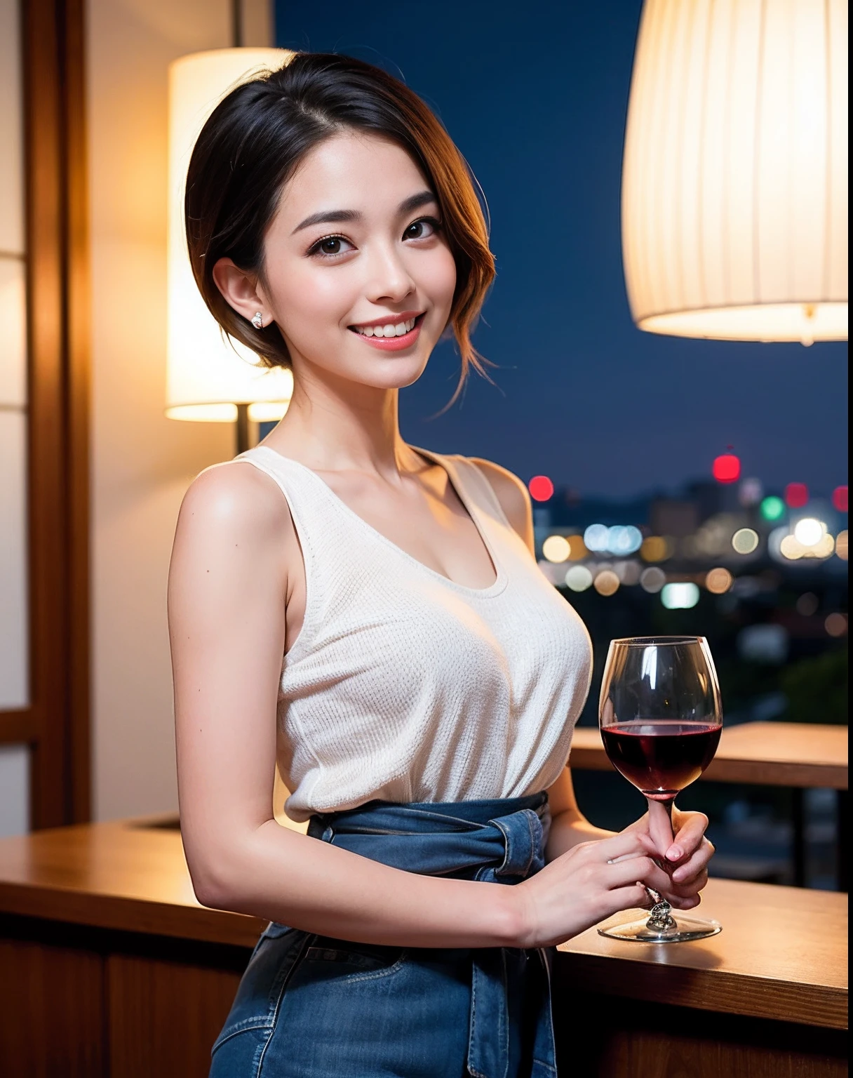 (64K, UHD, top quality, masterpiece: 1.2), (realistic, photorealistic: 1.37), super detailed, pretty woman 1 person, (slim face), (slim body), (brown hair), (short cut), cheeks slightly blushing, (44 years old), 38 years old, solo, beautiful detailed urban night view outside the window, restaurant, wine glasses sit, at night, in a prominent placeNovaFrogStyle, Actress, Model, Waist Up, White Wine, Slim, Wine Glass, Super Clean Night View, Wine Glass Put in the Middle, Happy Smile, (Smile: 1.15), Beautiful Fine Eyes, Upper Body, Bust Japan Up, Night, Short, Short, Actress, Model, Waist Up, White Wine, Slim, Wine Glass, Super Clean Night View, Wine Glass Put in the Middle, Happy Smile,