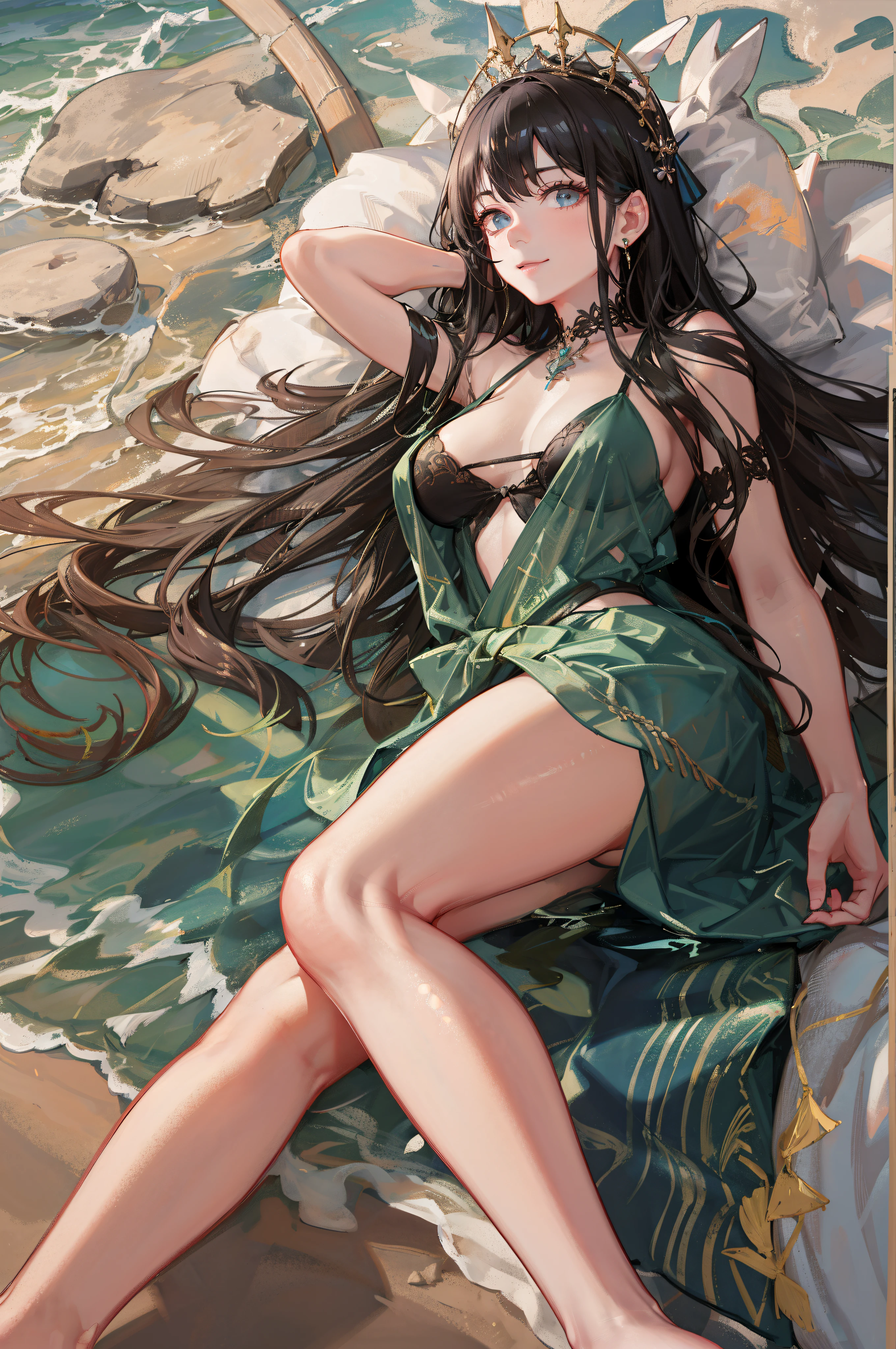 ((Sexy and beautiful woman lying on the beach bed and looking up at me)), ((cutest 20 year old beauty)), charming smile, ((seaside resort)), ((very long hair) ), ((See-Through Fashion)), ((Rich Bust)), Gradient Eyes, Seductive Makeup, Single View, NFFSW, UHD, retina, masterpiece, ccurate, anatomically correct, textured skin, super detail, high details, high quality, award winning, best quality, highres, 1080P, HD, 4K, 8k, 16k