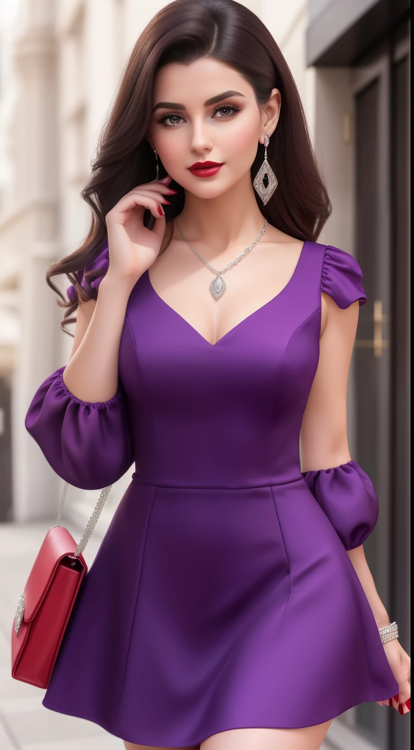 A beautiful young lady wearing a purple puffed sleeve square shape neck fit and flare dress, red lips and red long nails, she is also wearing a beautiful purple dangling earring and a silver necklace which have a love pendent , red high heels, red thigh sleeve, she is looking very beautiful and a little sexy gorgeous
