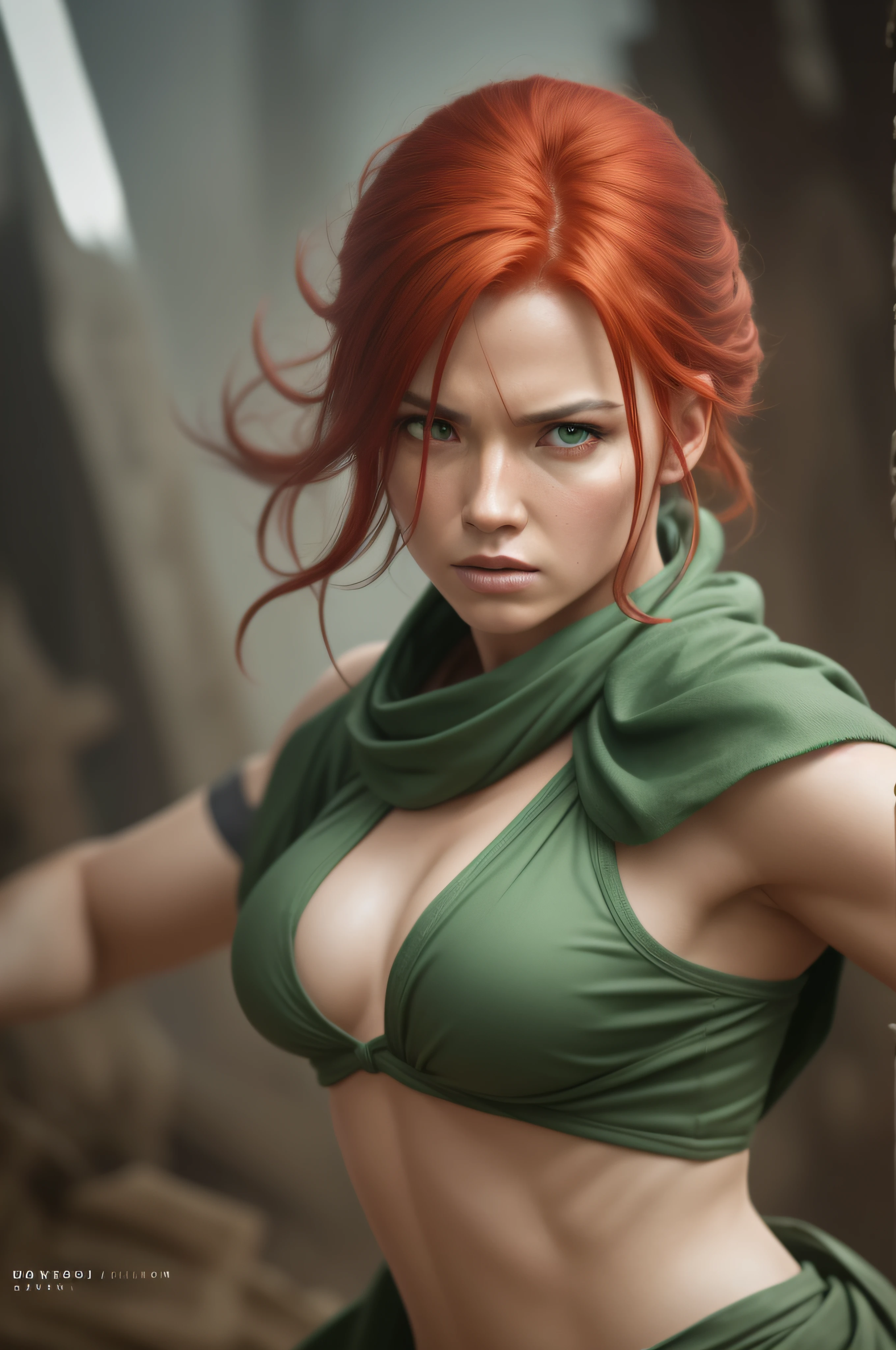 Amazon red-haired warrior woman during the battle fighting cinematic fighting,, dressed in a green loincloth, very dramatic, cinematic shot, shot from movie, cinema composition shot, very detailed, high resolution, professional color, wonderful light, daylight, 300k resolution, highly realistic, lots of details,