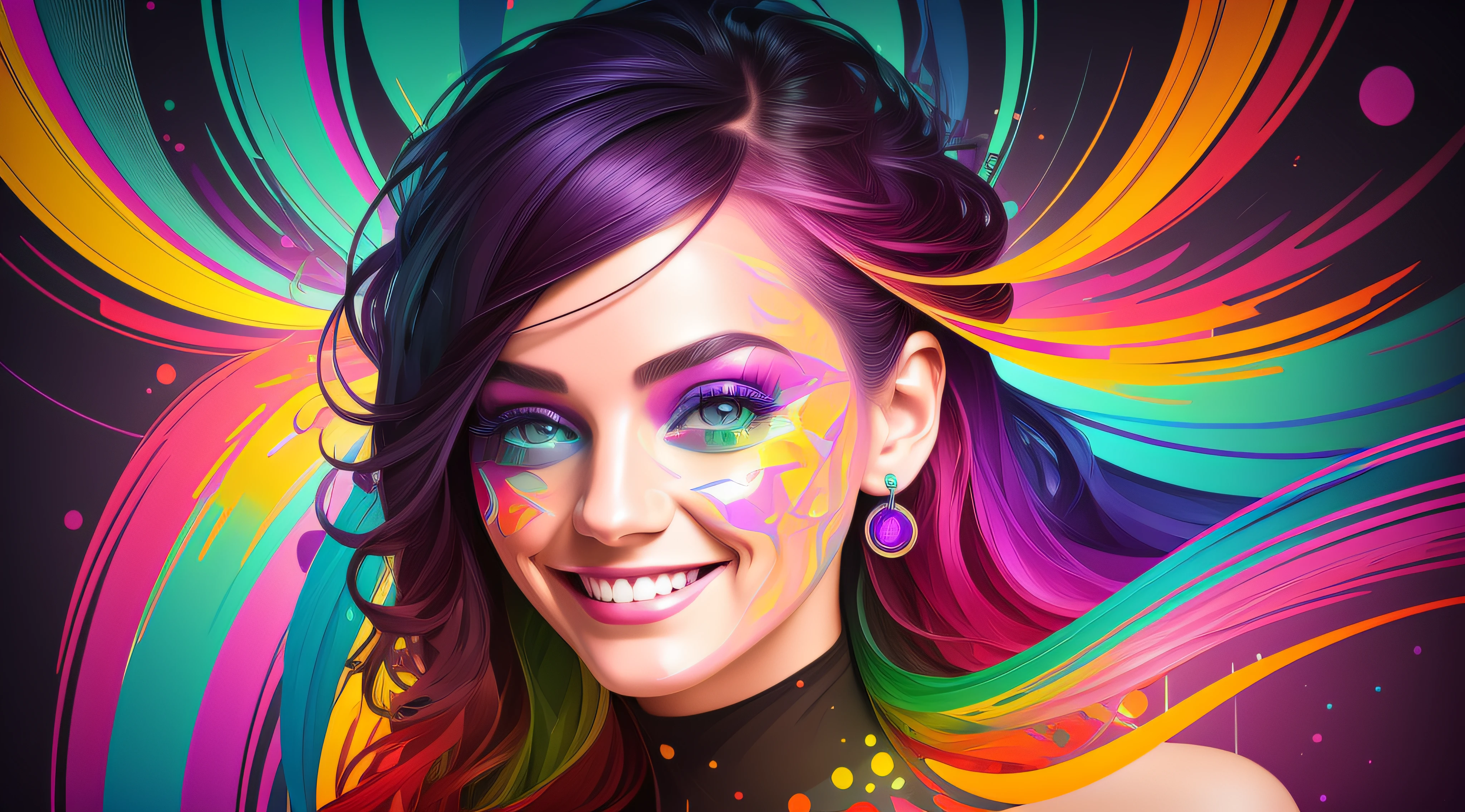 brightly colored abstract painting of a woman with a large smile, colourful digital art, colorful torn fabric, multicolored digital art, colorful digital painting, lsd visuals, made entirely from gradients, glitched fantasy painting, colorful digital art, graphic glitches, colorful detailed projections, colorful generative art, vibrant digital painting, intricate rainbow environment, glitched pattern