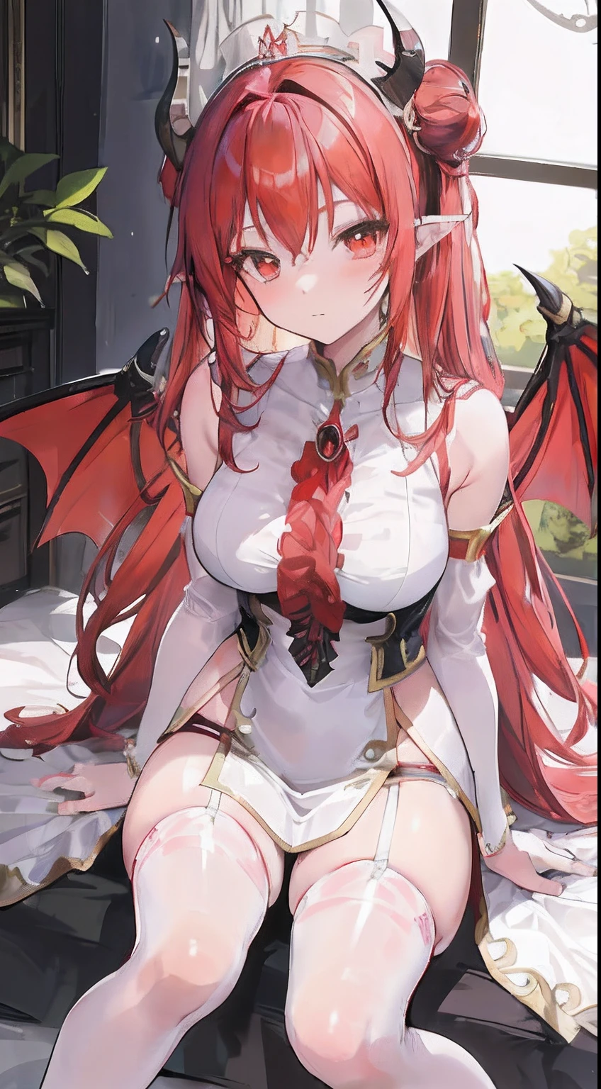 Anime girl sitting on bed with wings with red hair, a beautiful succubus, rias gremory, demon anime girl, succubus in tight kilt, Anime goddess, seductive anime girls, Dragon girl, Succubus | medieval, Succubus, detailed anime art, Detailed anime artwork, Anime monster girl, queen of dragons, beautiful and seductive anime woman