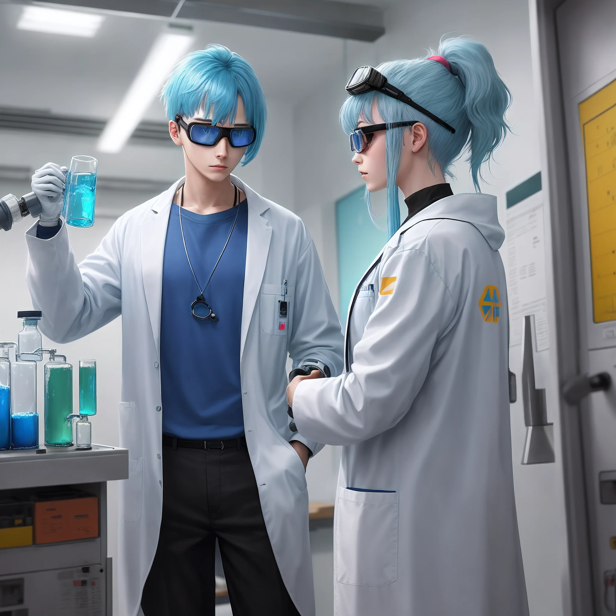 Light blue hair, high ponytail, quadratic lab, goggles, do experiments, cyberpunk lab coats