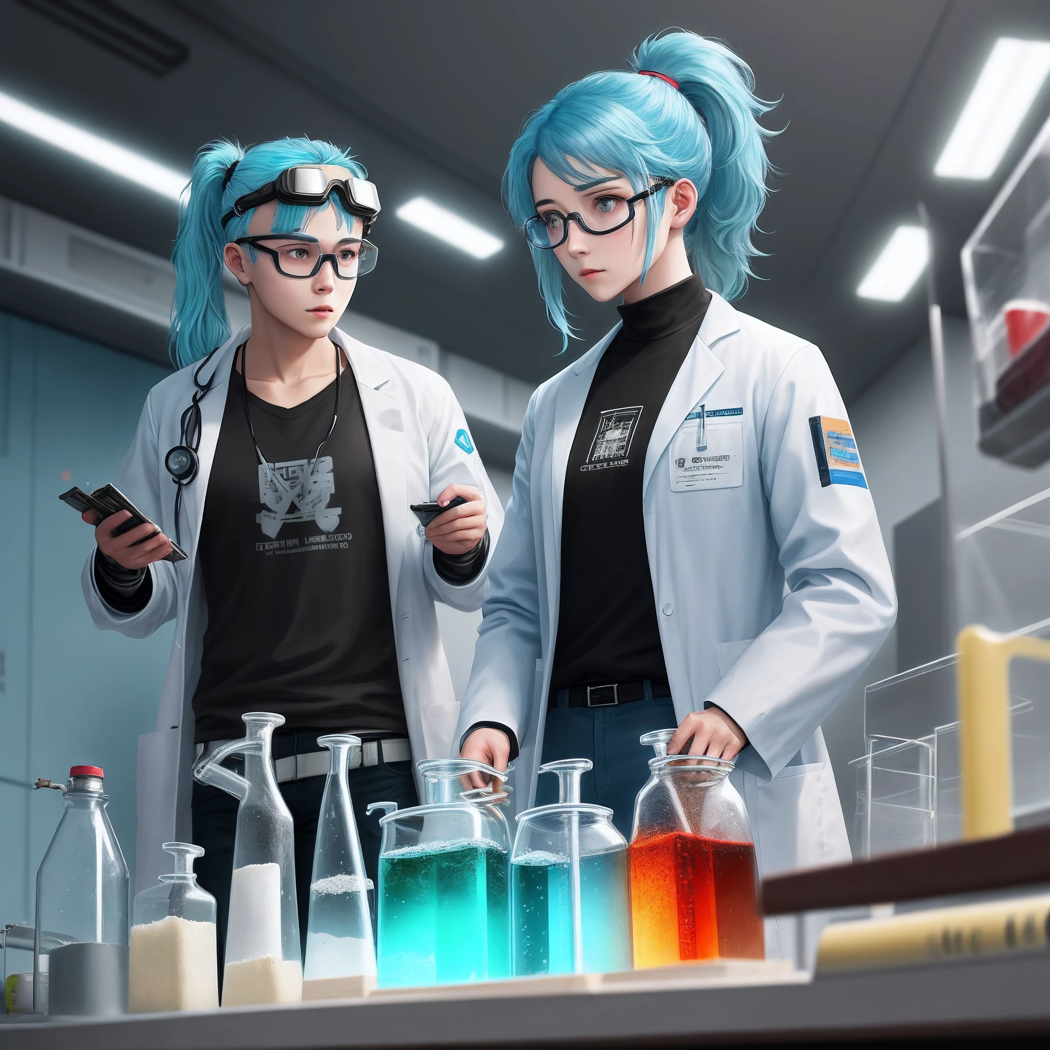 Light blue hair, high ponytail, quadratic lab, goggles, do experiments, cyberpunk lab coats