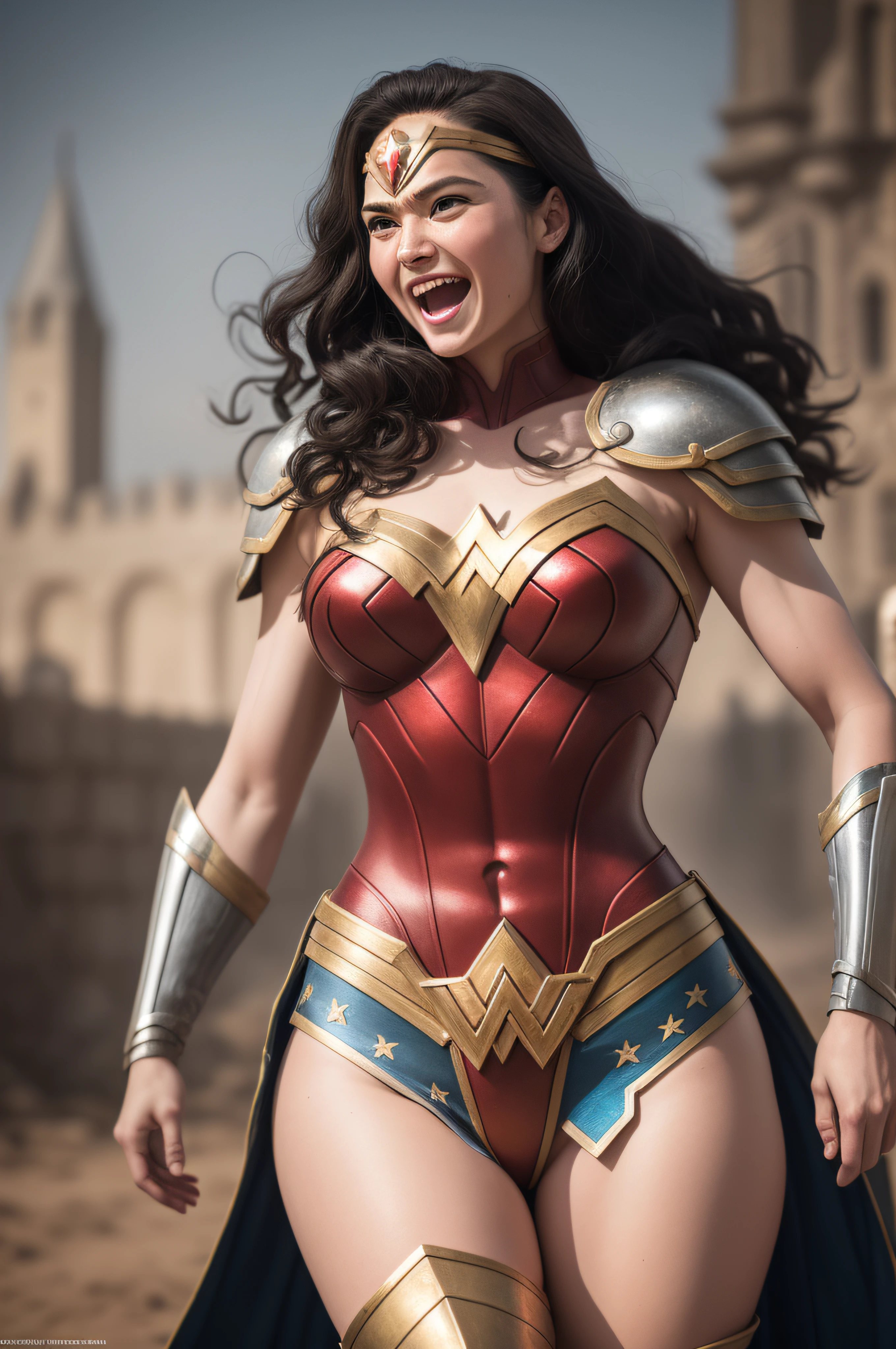 Gal Gadot as Wonder Woman, on her knees, busting cleavage, breast grab, hands on the sides of her breasts, pushing breasts together, open mouth, seductive sigh, messy hair, breast growth, breast expansion, expanding breasts cracking her chest armor, wide eyes, shocked, eye contact with viewer, fantasy transformation, 3D Fantasy art, (shaggy goat hair growing on her arms and legs), spiral horns growing from her head, (long goat tongue), expanding breasts, furry animal transformation 