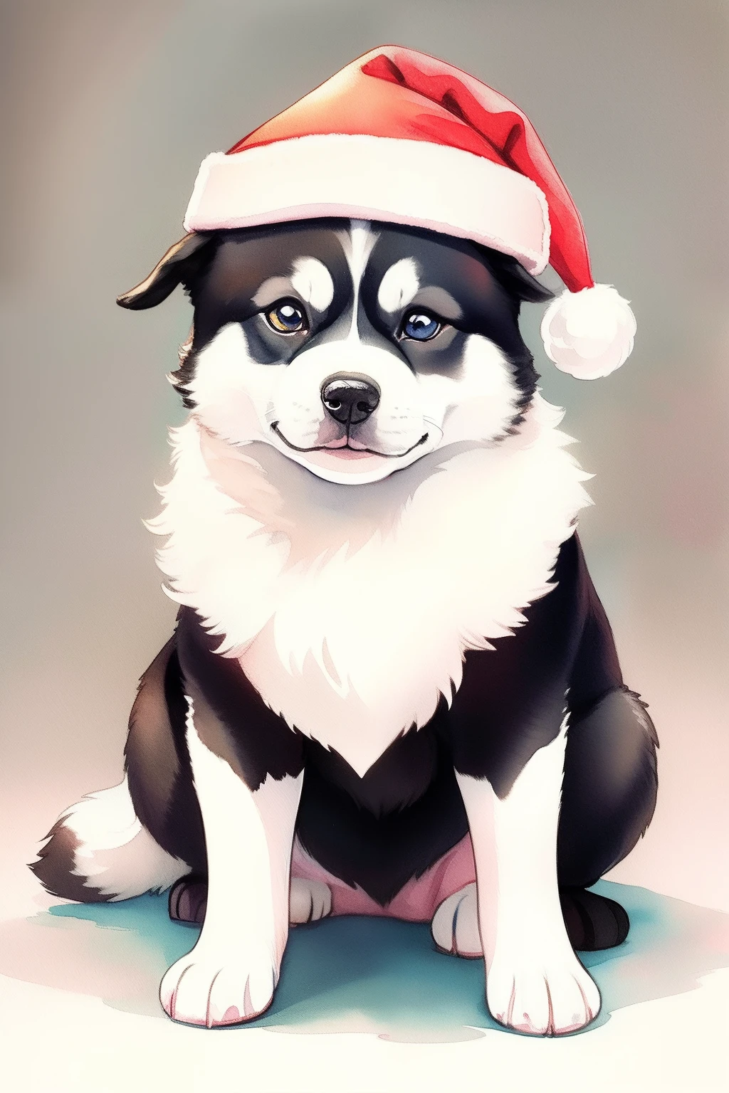 A cute and cute Christmas husky puppy wearing a Santa hat, Bring gifts, aquarelle, watercolor paiting, Highly detailed, clip art, clip art, On a white background, aquarelle, in the view, High quality, photograph realistic, Holiday, festivity, Christmas