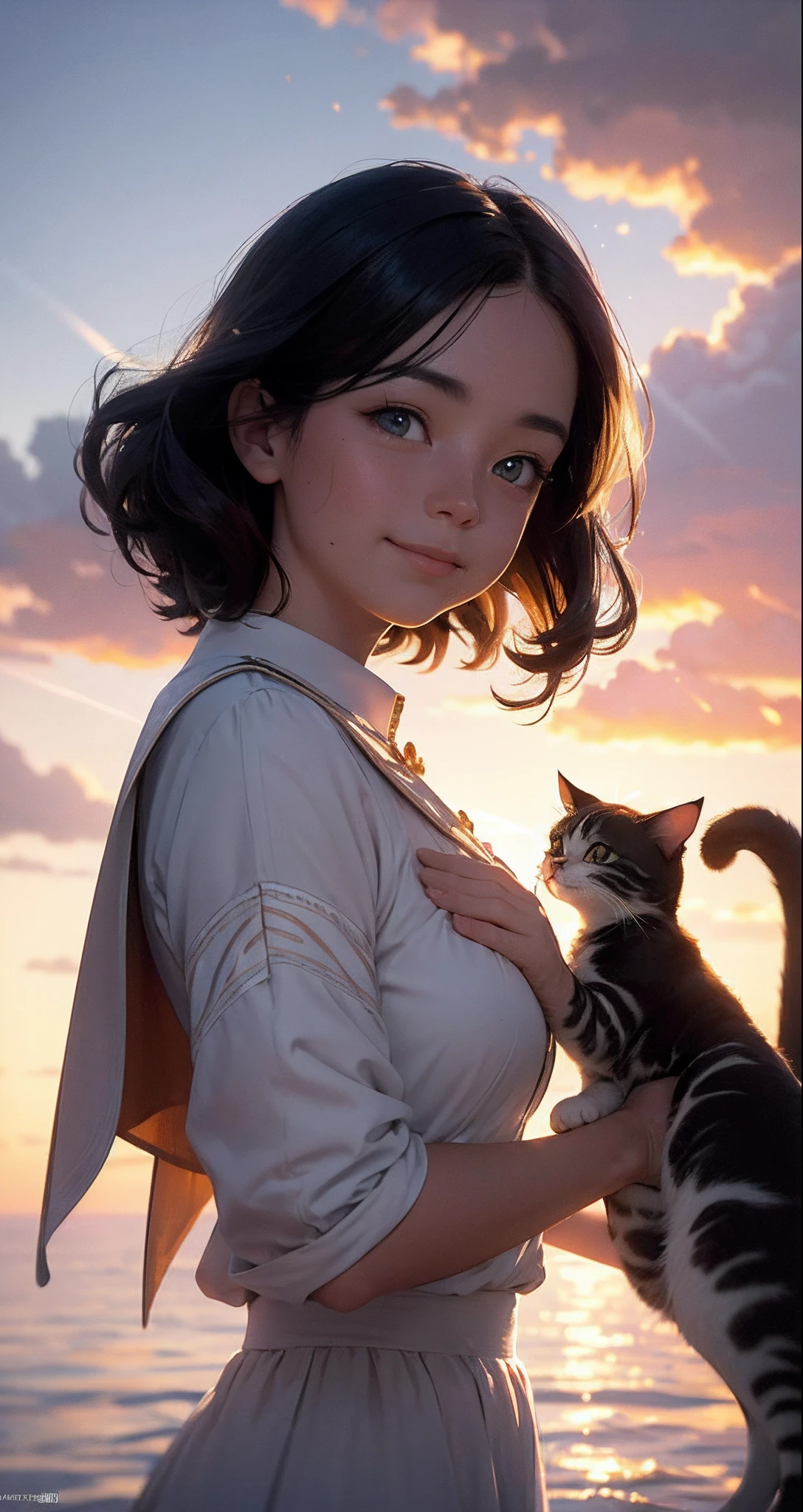 tmasterpiece, beste-Qualit, filmstill, 1 cat, Cat from the clouds, soaring in the sky, a closeup of a, The vibrant, a happy, warm soft lighting, Sundown, (sparks: 0,7) The Goddess of Water