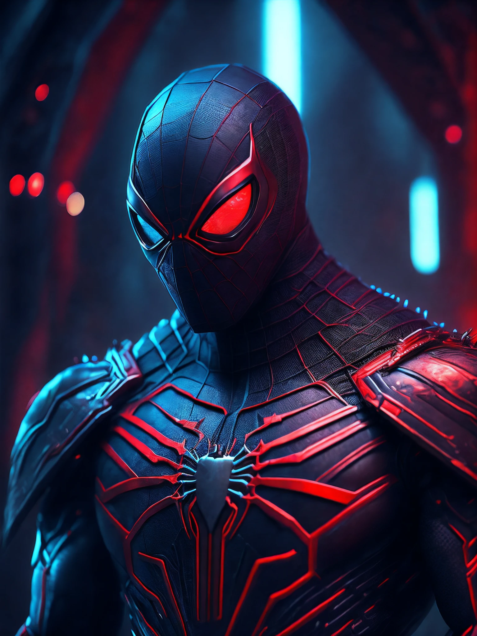 мрачный портрет Killer Spider-Man (The whole suit is covered in blood, torn suit pieces) da Marvel, with intricate and angular cybernetic implants inside a brutalist building, Gothic brutalist cathedral, Cyberpunk, Foto premiada, Bokeh, neon lights, Membro 4K Cyber cor preta