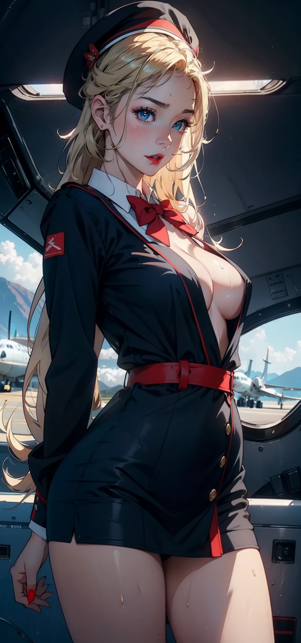 1womanl,33yo,熟妇,Bigchest,Raised sexy,Pornographic exposure, 独奏,Beauty contests,standing on your feet(Background with:aerodrome,snow mountains,Planes,at winter season,Blizzarding,Big snowflakes)in an airplane, She has long blonde hair,Long hair flutters in the wind,Redlip,Black girl,dynamicposes,Sweat profusely,drenched all over the body,seen from the front, hair straight, mostly cloudy sky,(((tmasterpiece),(Very detailed CG unity 8K wallpaper),best qualtiy,cinmatic lighting,detailed back ground,beatiful detailed eyes,Bright pupils,(Very fine and beautiful),(Beautiful and detailed eye description),Blue eyes,Redlip,ultra - detailed,tmasterpiece,)),facing at camera,(The upper part of the body),A high resolution,ultra - detailed),revealing breasts,Bare genitalia, Bulge,legs are open,sexyposture,Camel toes,Flushed complexion,Open-mouthed,frontage,stewardess,Sailor's cap(Wearing:Red transparent flight attendant shirt,Large colored bow tie,Sexy black miniskirt,Gold wire embroidery,Black jumpsuits,Bare breasts)