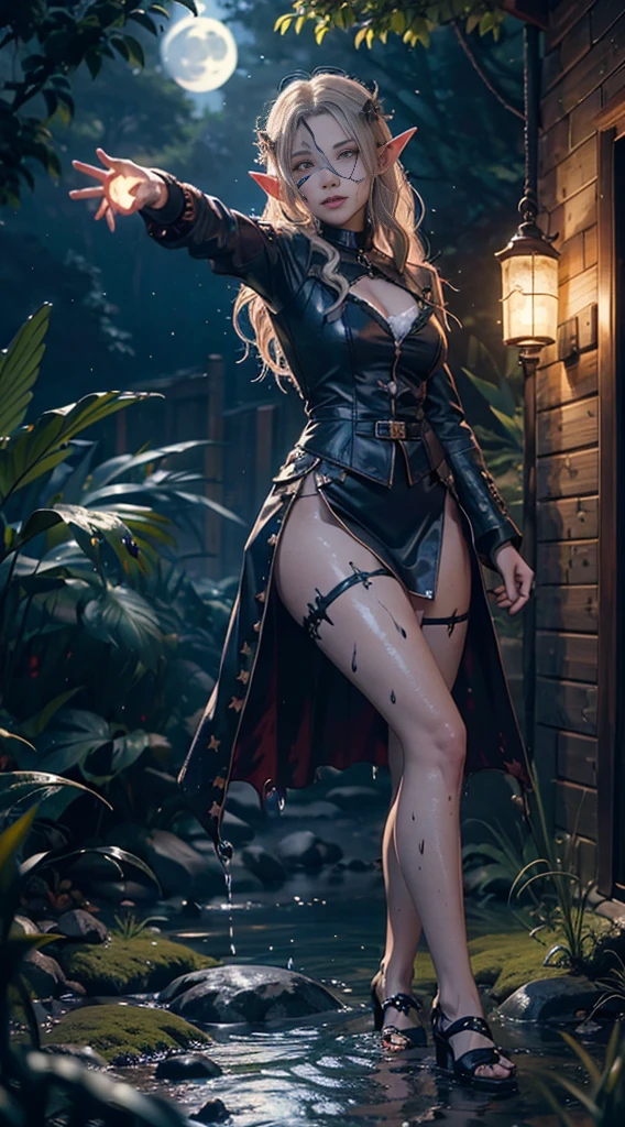 (monster:1.5), (extremely detailed CG unity 16k wallpaper:1.1), (Denoising strength: 1.45), (tmasterpiece:1.37), (Full body posing:1.4:), whole-length, Dynamic angle, starry sky, lifelike texture, side lighting, fighting stance, fighting stance, head tilt, eyepatch, gothic, polka dot, hidden eyes, facepaint, naughty face, wet hair, game cg, guro, full moon, plateau, monster, elf, sparkle, glowing light, ray tracing, bloom, masterpiece, UHD