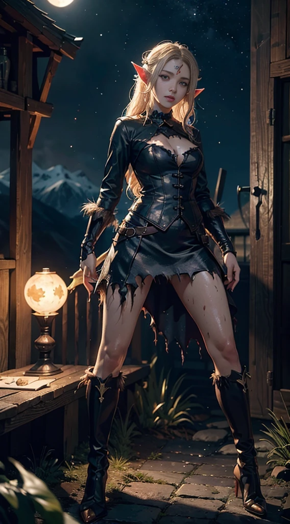 (monster:1.5), (extremely detailed CG unity 16k wallpaper:1.1), (Denoising strength: 1.45), (tmasterpiece:1.37), (Full body posing:1.4:), whole-length, Dynamic angle, starry sky, lifelike texture, side lighting, fighting stance, fighting stance, head tilt, eyepatch, gothic, polka dot, hidden eyes, facepaint, naughty face, wet hair, game cg, guro, full moon, plateau, monster, elf, sparkle, glowing light, ray tracing, bloom, masterpiece, UHD