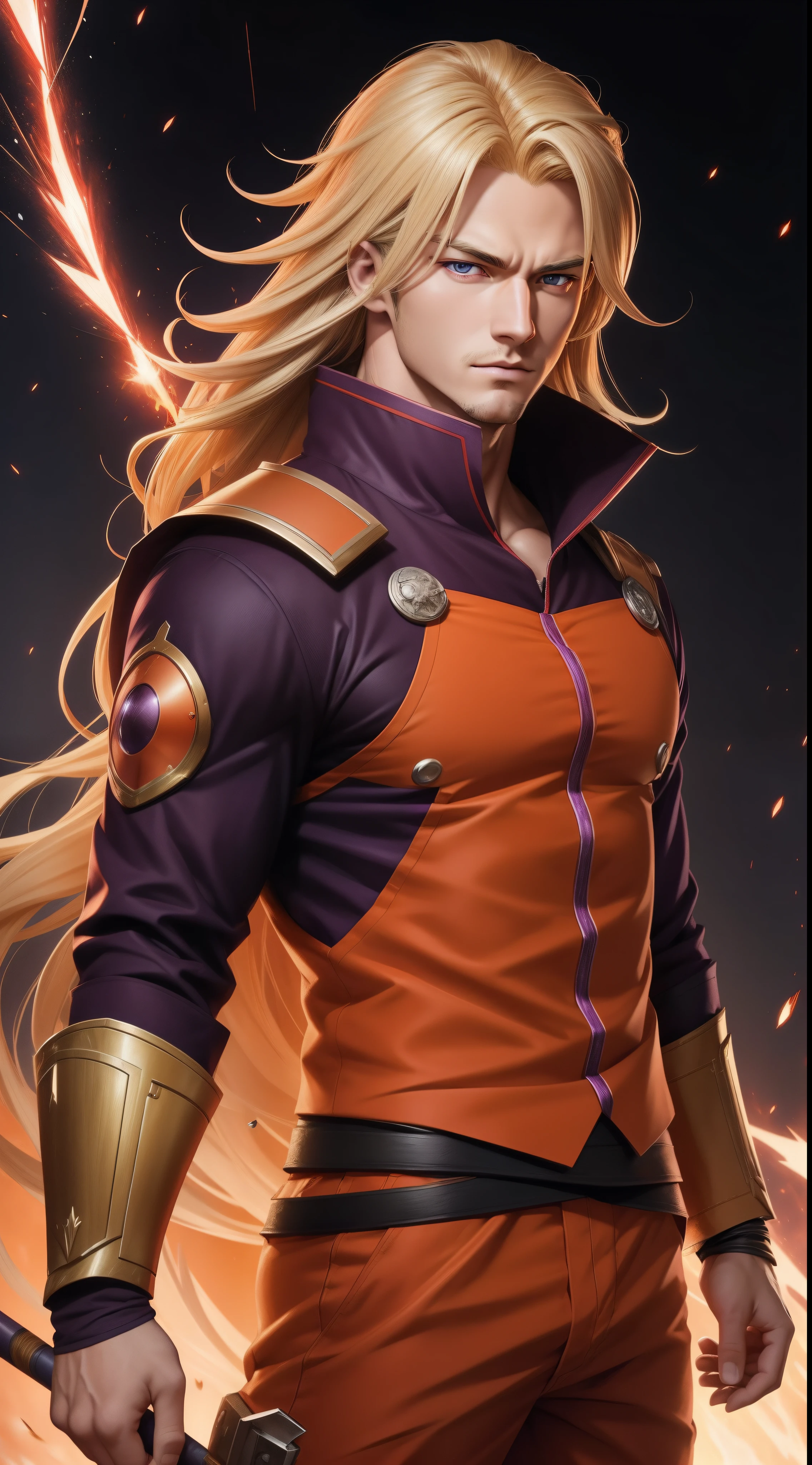 Profile picture, masterpiece, extremely accurate rendering, Madara coldly handsome, blonde, looking at the viewer, solo, trustworthy, savior of the world, simple design, best image , 8K, light red eyes, original orange clothing style according to the characters in the story, reflecting purple-red sparks on the chest.