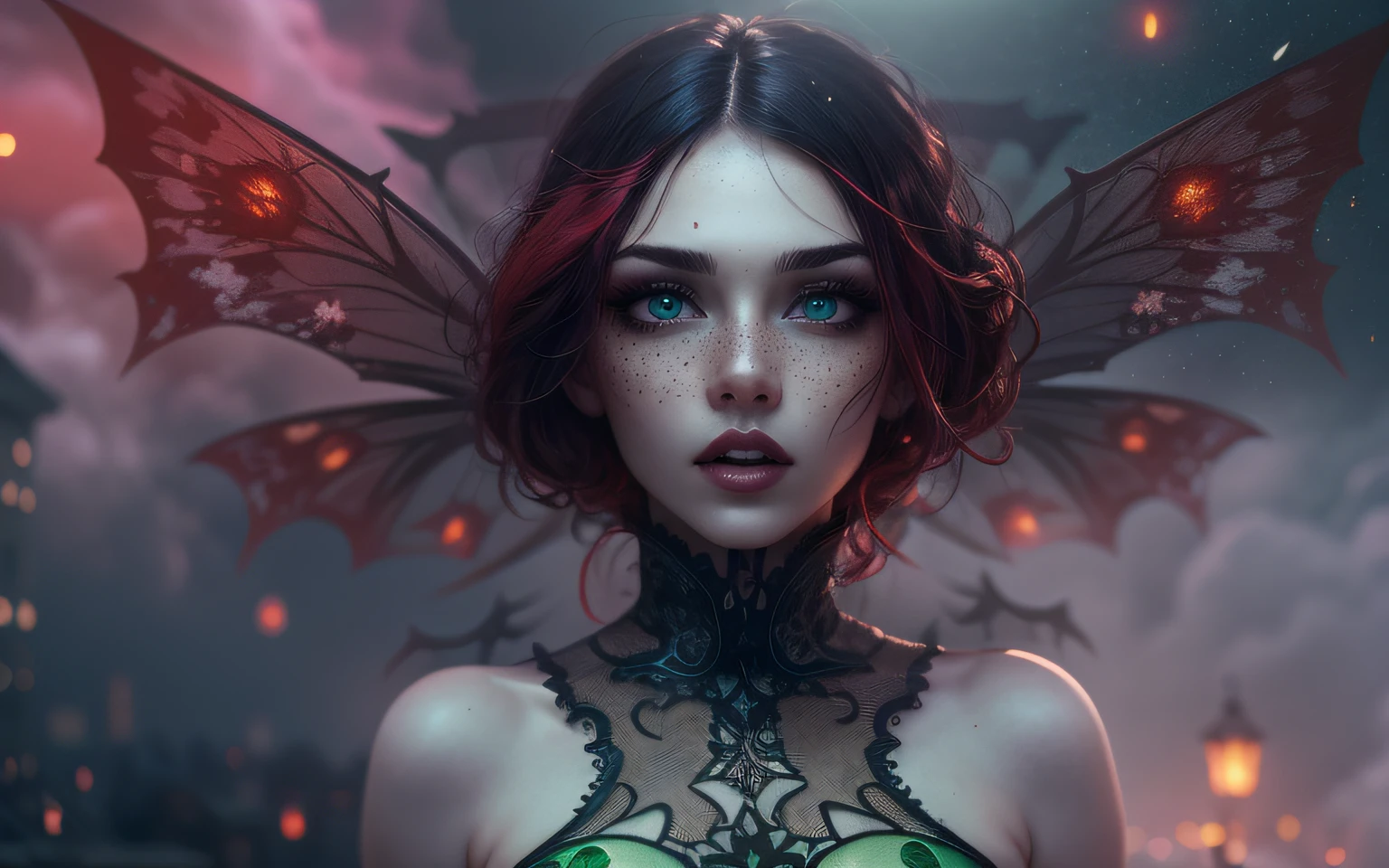 ((dark copper fairy-assassin )),golden black make up,blond hair,freckles,pretty face,eyebrow up,full body shot,ominous landscape,glate gray atmosphere,Simon Stalenhag,Nicola Samori,Wangechi Mutu,prime colors,Lisa Frank, ,urban,extremely detailed, [night landscape],masterpiece,intricate details,faded,eyes extremely detailed, high detailed eyes,4k resolution,RAW, Nikon Z9