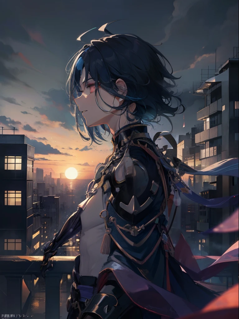 Ultra Detail,Haig Quality,sketch,1boy,matured male,Beautiful face,(Navy blue hair,Outer hair:1.3),Handsome men,Pearl skin,black tshirt,Black coat,magic school uniform,Black cloak,Dynamic Angle,Japan Anime,Red Eyes,Laugh,Like a cat's eye,city,male in his 20s,official artwork,​masterpiece