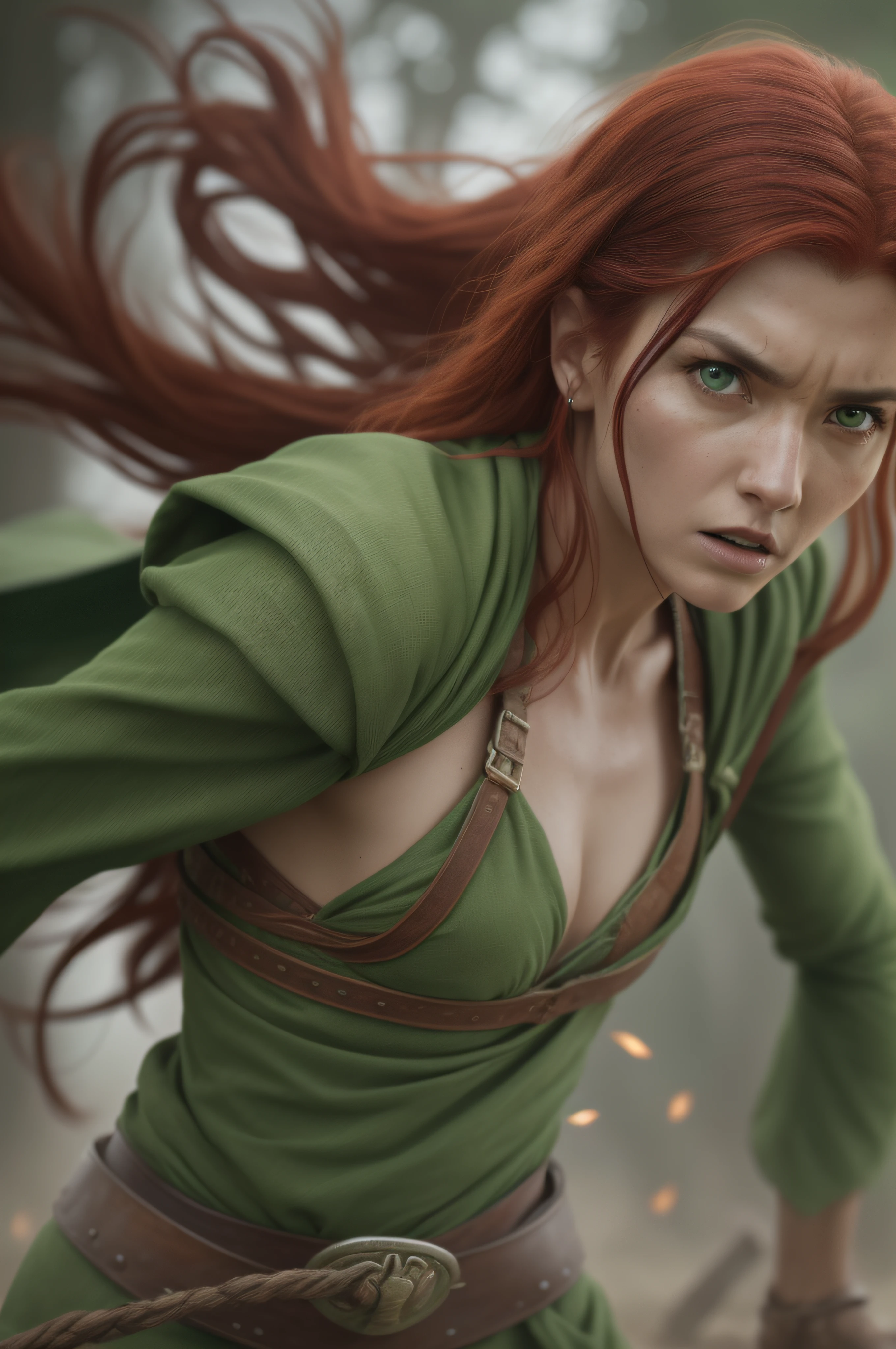 Amazon red-haired warrior woman during the battle fighting cinematic fighting,, dressed in a green loincloth, very dramatic, cinematic shot, shot from movie, cinema composition shot, very detailed, high resolution, professional color, wonderful light, daylight, 300k resolution, highly realistic, lots of details,