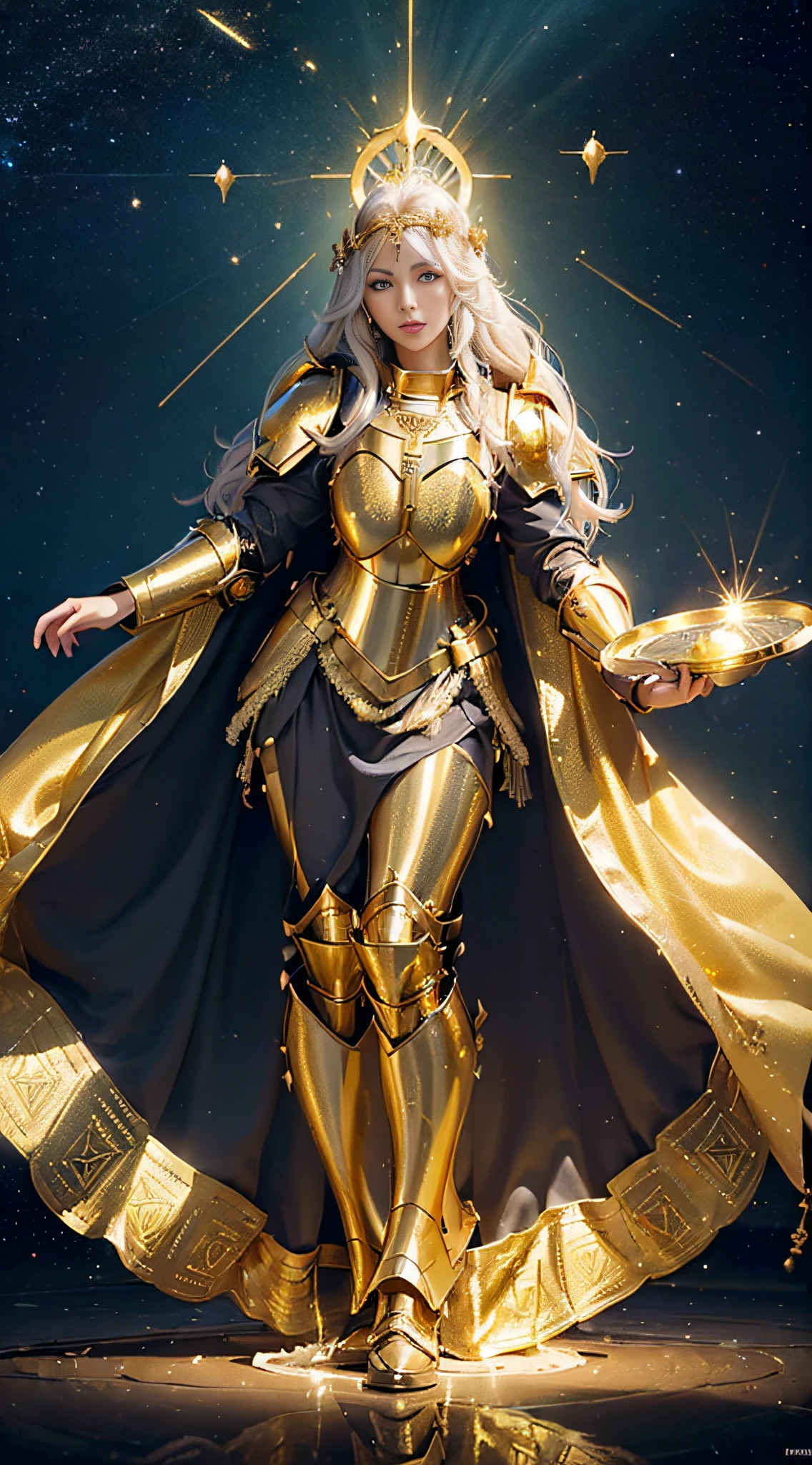 (Goddess of light and her golden plate armor holy robe:1.5), Dark art, Green eyes, fantasy, Sunlight, rays of sunshine, intricately details., Dreamlike, Symmetrical, Intricate details, Highly detailed, illusory engine, aspect::4:3, mistic, (extremely detailed CG unity 16k wallpaper:1.1), (Denoising strength: 1.45), (tmasterpiece:1.37), (Full body posing:1.4:), whole-length, Dynamic angle, starry sky, lifelike texture, side lighting, surrealism, Soft lighting, sparkle, glowing light, ray tracing, UHD