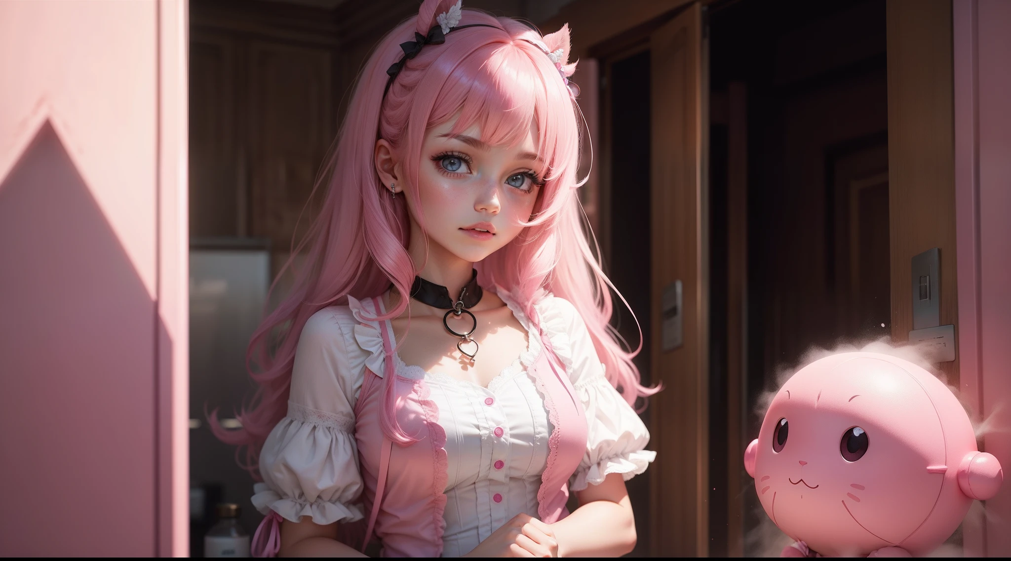 (Reality:1.2)top-quality、​masterpiece、hight resolution、1girl、A pink-haired、Cat-eared headband、Pink eyes、blouse、skirt by the(High Detail Skins:1.2)、8K UHD、Digital SLR、Soft lighting、hightquality、volume illumination、Frankness、 a picture, hight resolution, 4k, 8k, bokeh dof