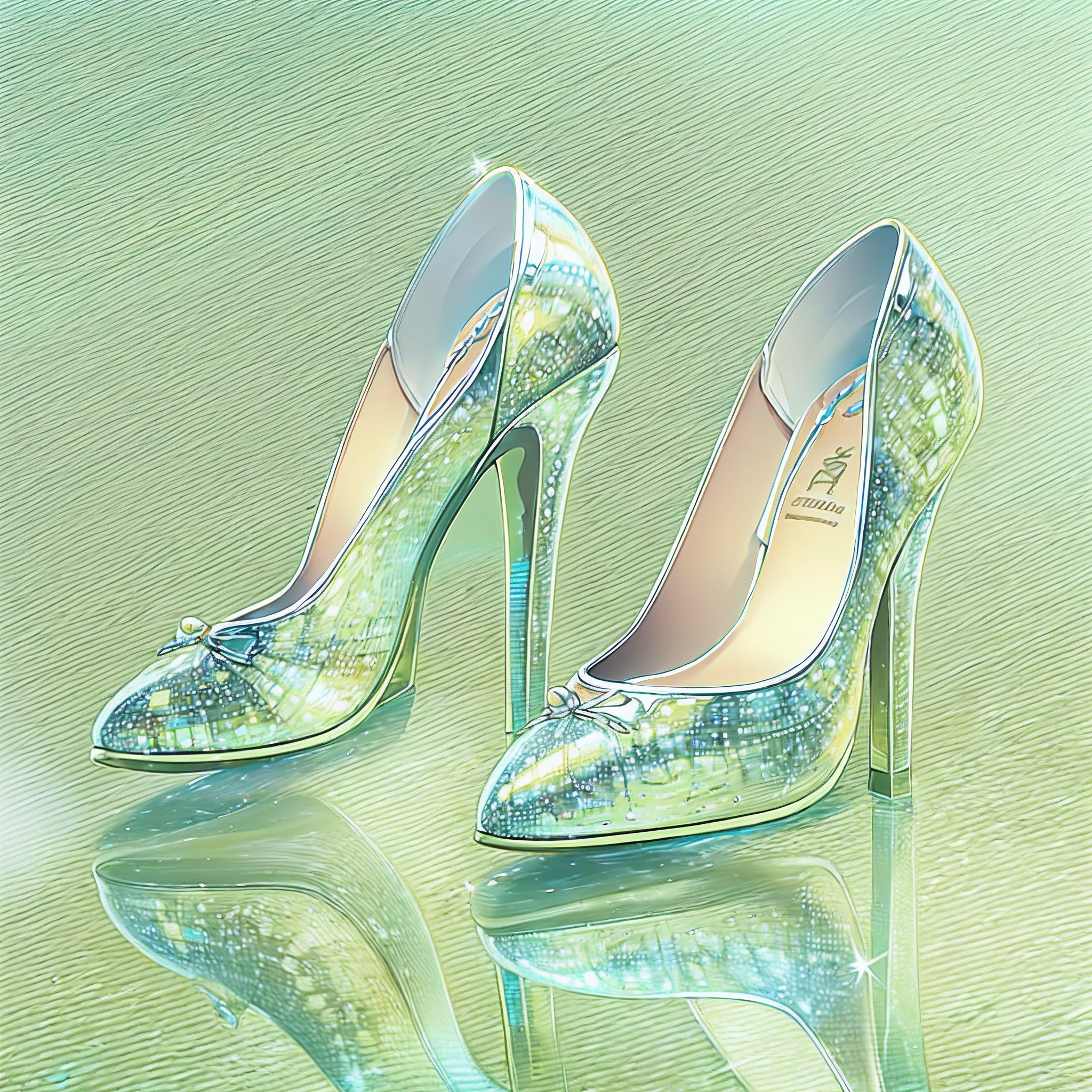 A pair of high heels,without humans,(Top resolution:1.5), (Top image quality:1.5), Close-up of a pair of shoes on a shiny surface, slightly holographic, fairy tale style background, made in adobe illustrator, Magical items, holograph, illustration!, White high heels, Crystal heels, (The background is the seaside:1.6)