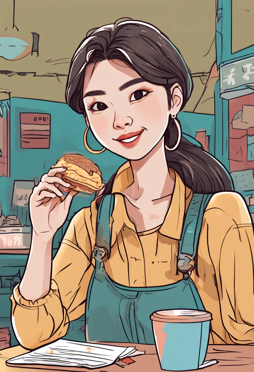 Cartoon image of a woman with permed hair, Super pretty 20 year old Korean girl, Cartoon style illustration, Cartoon Art Style, Cartoon Art Style, Digital illustration style, Highly detailed character design, cute detailed digital art, Urban Girl Fan Art, Portrait Character Design, beautiful digital illustration, high quality portrait, Comic art, Asia, Character Design Portrait, eating ice cream