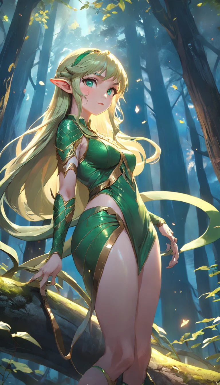 (Forest python:1.5), (Beautiful elf girl surrounded by forest pythons:1.1)(Extremely detailed CG Unity 16k wallpaper:1.1), (Noise Removal Strength: 1.45), (tmasterpiece:1.37), (Pose all over the body:1.4:), whole-length, Dynamic Angle, Starry sky, Lifelike texture, Side lighting, Sparkle, Glowing light, Ray tracing, hyper HD